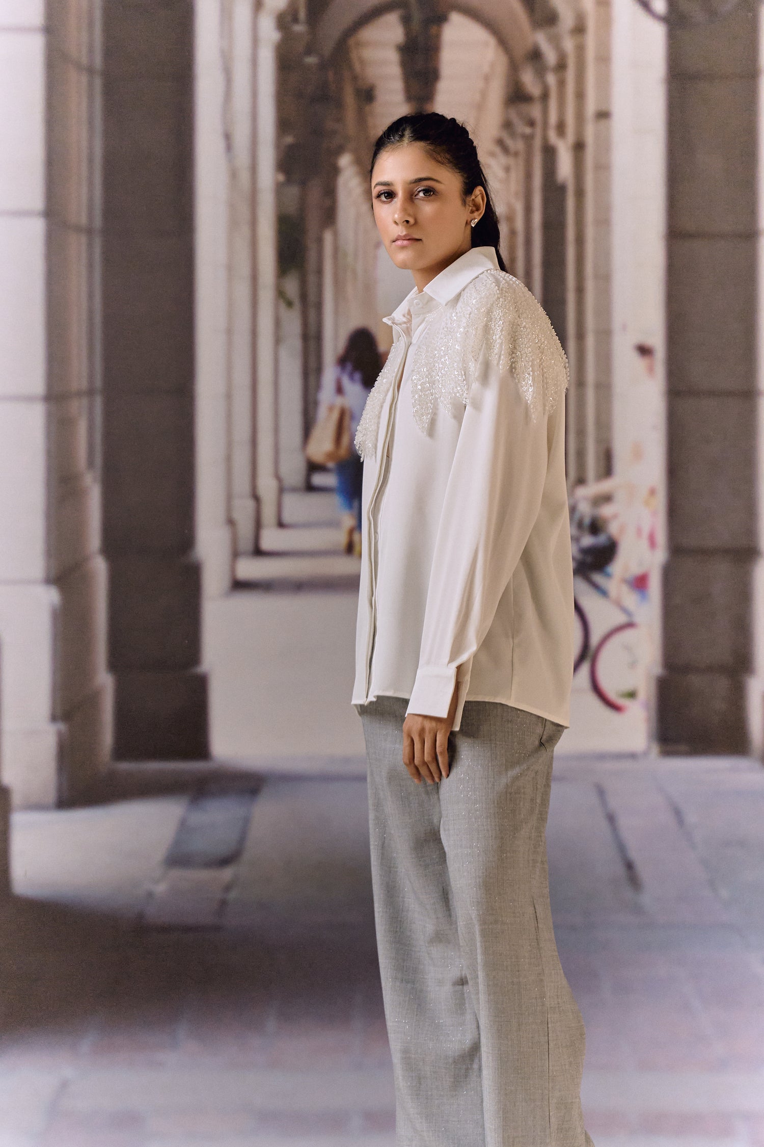 Bugle Beaded Satin Shirt- White