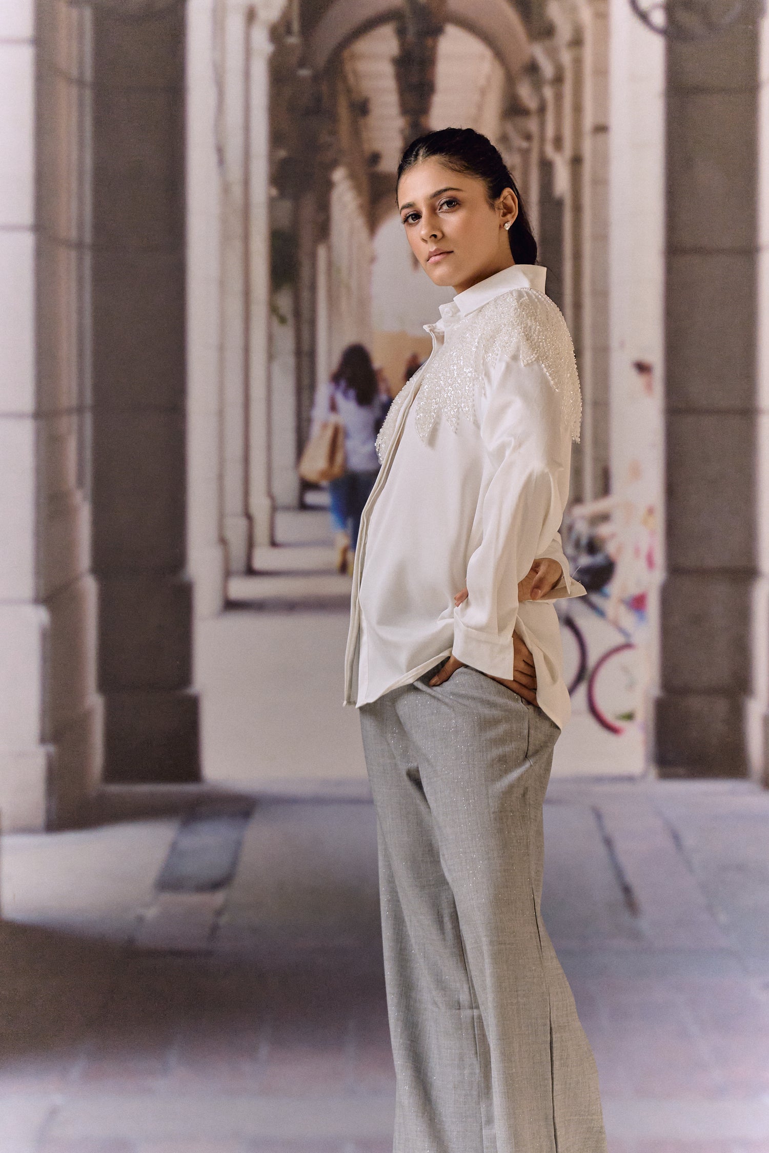 Bugle Beaded Satin Shirt- White