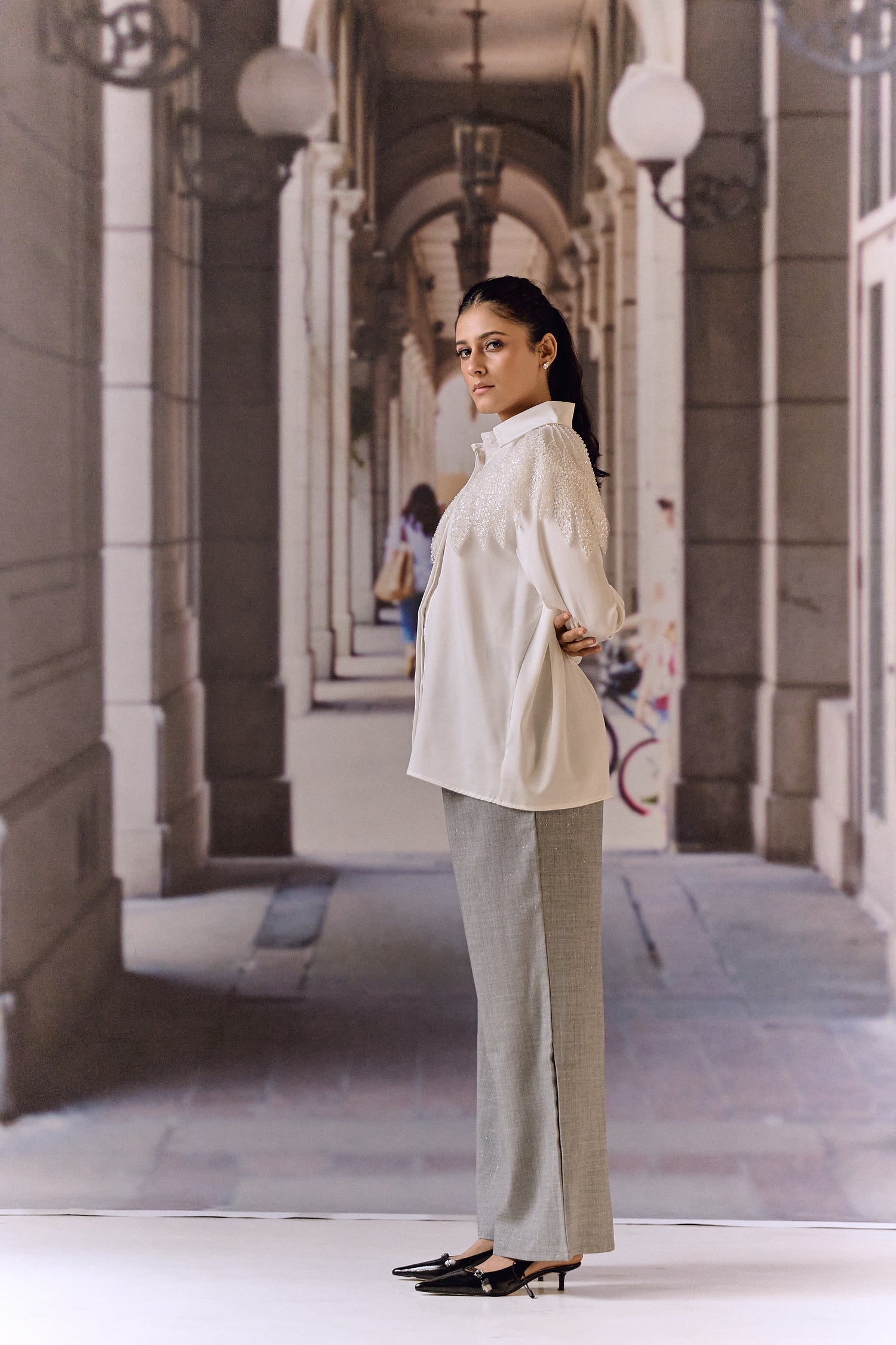 Bugle Beaded Satin Shirt- White