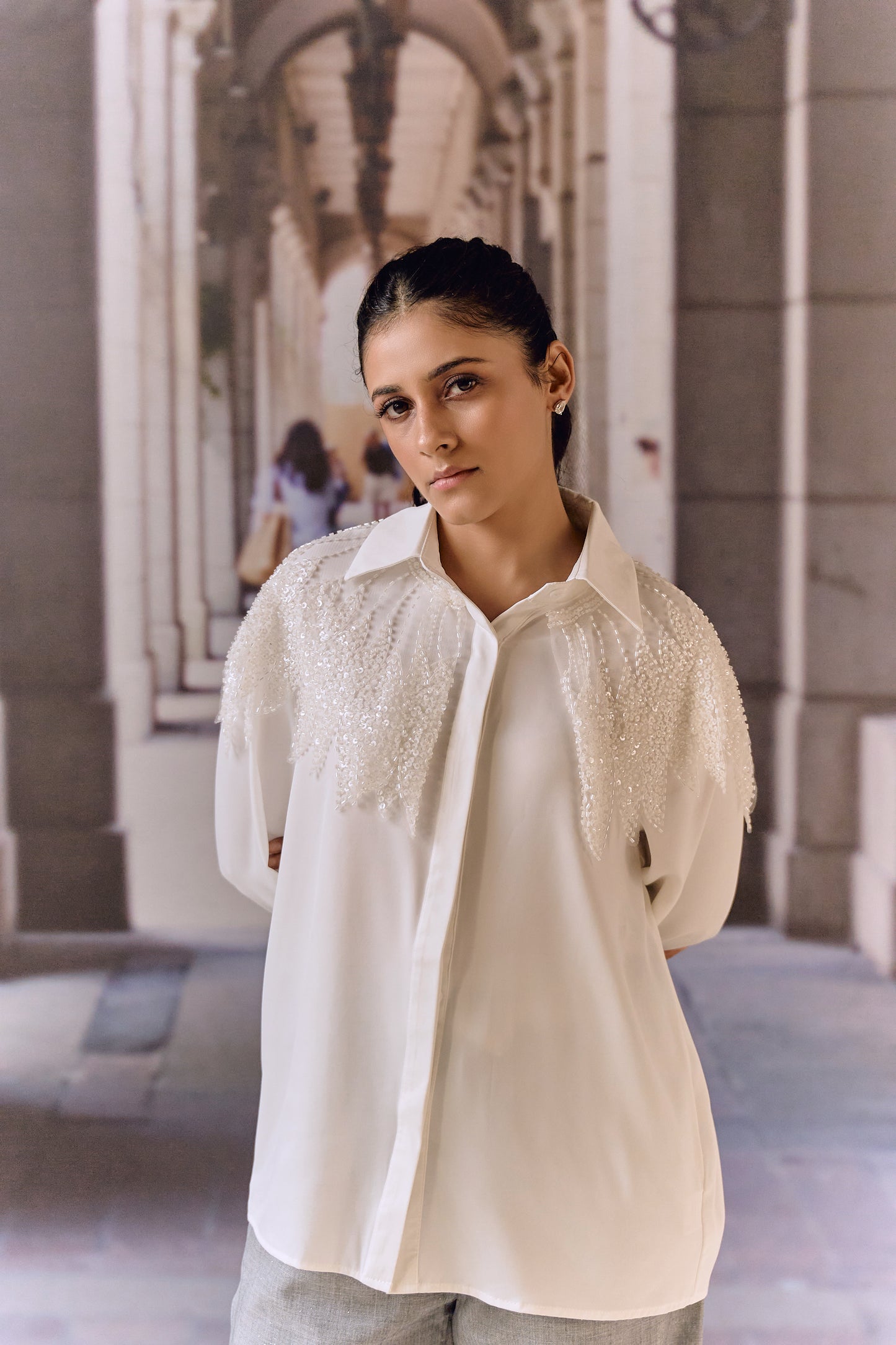 Bugle Beaded Satin Shirt- White