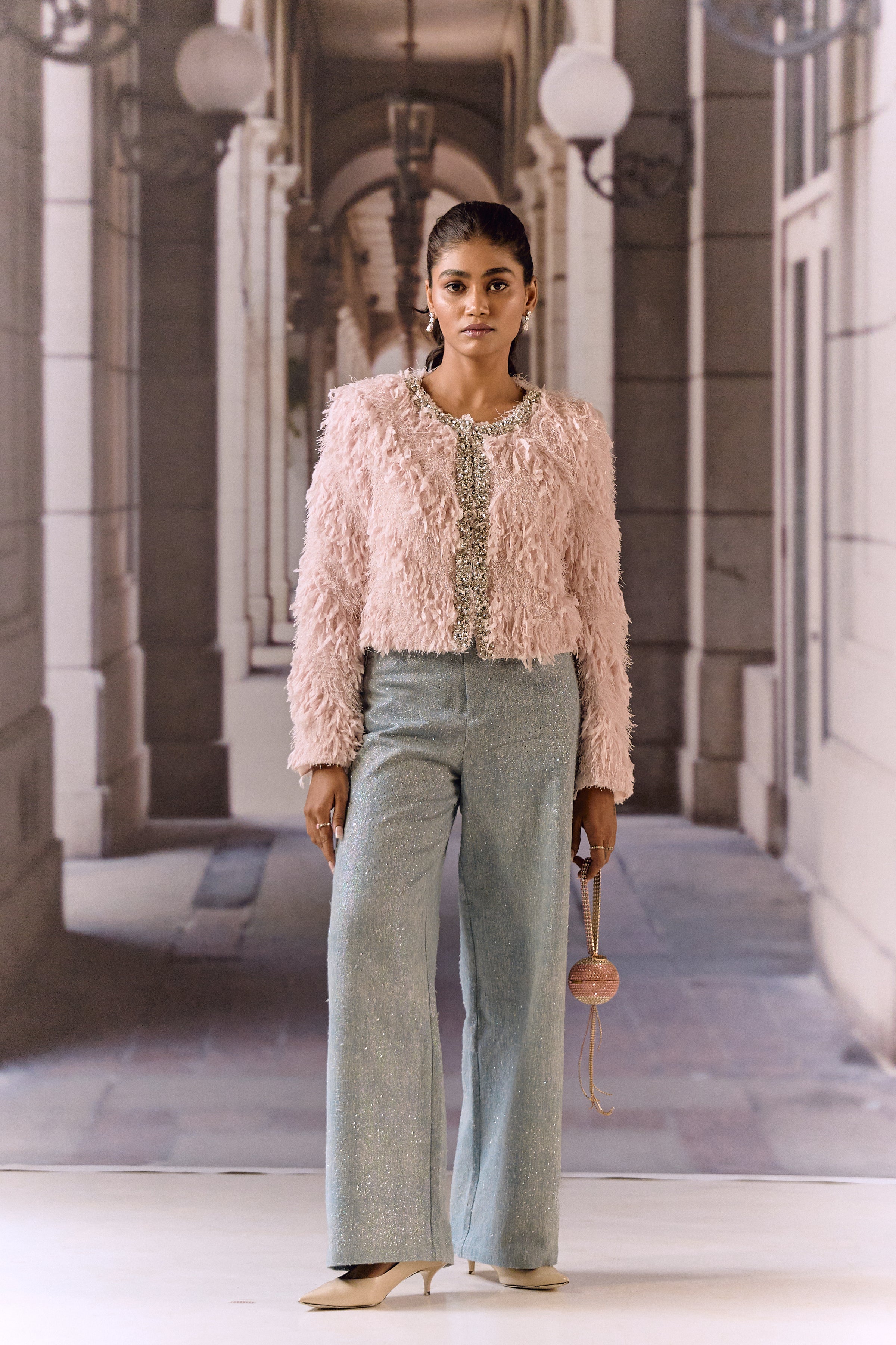 Feathered texture cropped jacket with crystal work - Pink