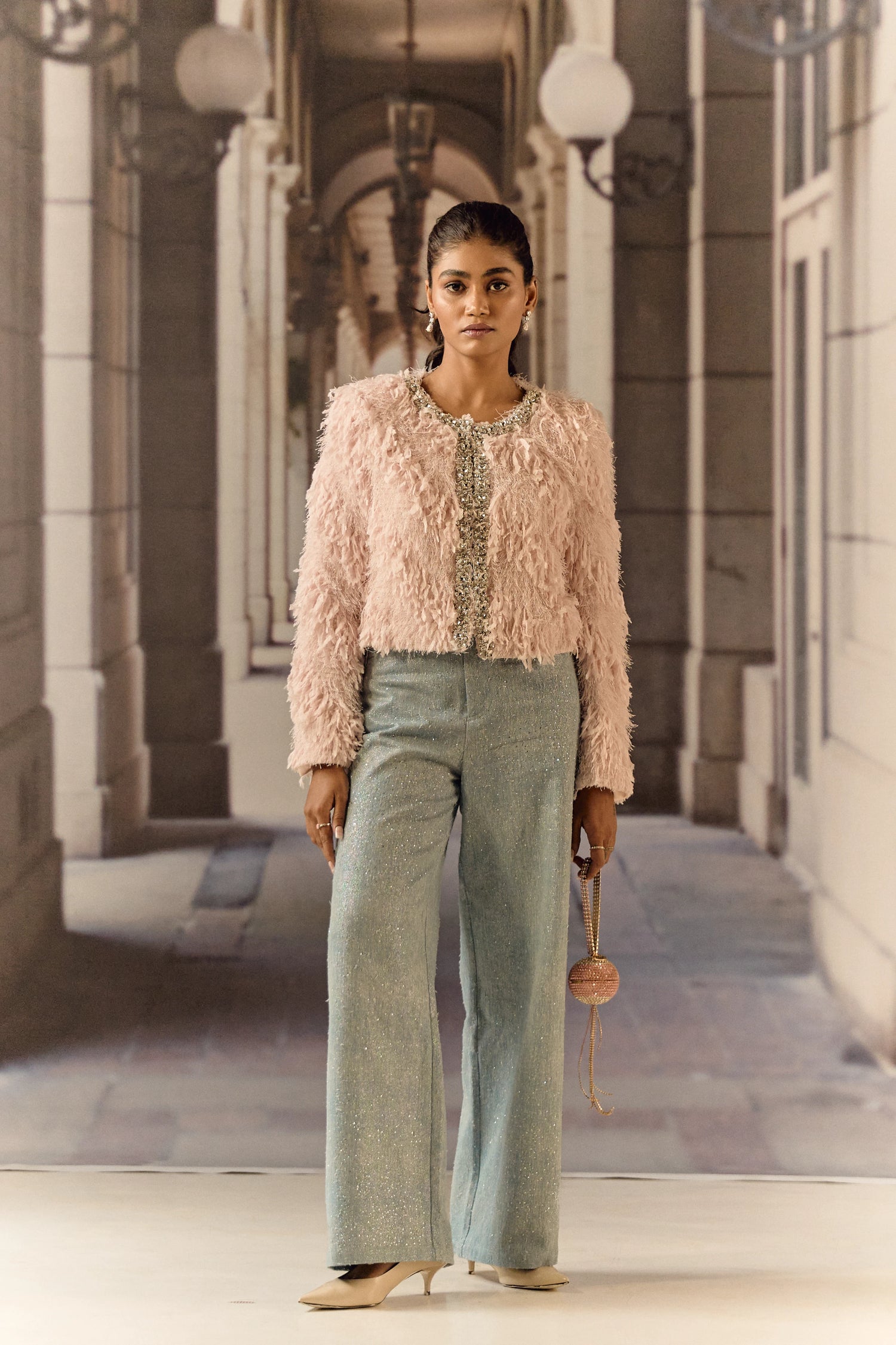 Feathered texture cropped jacket with crystal work - Pink