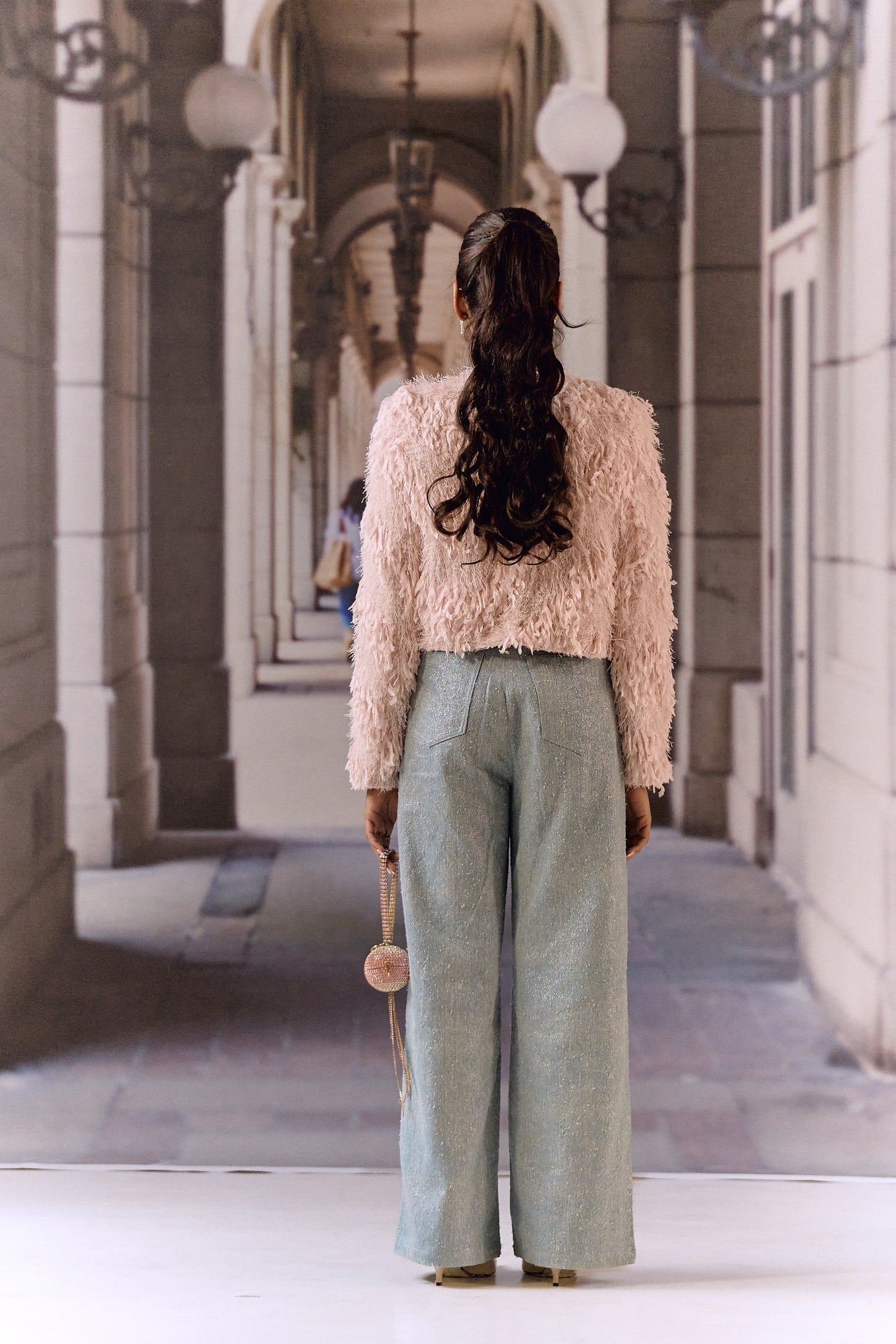 Feathered texture cropped jacket with crystal work - Pink