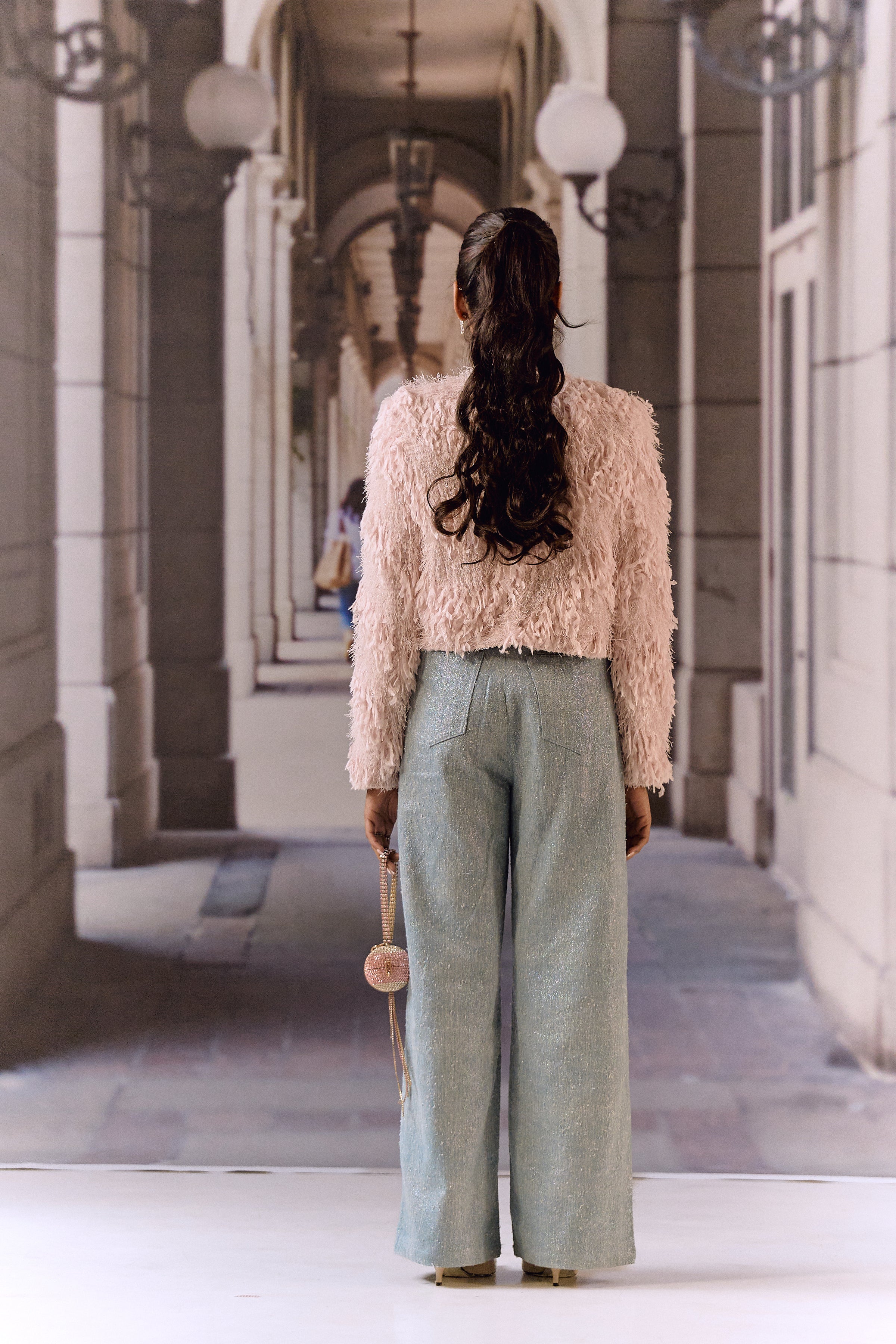 Feathered texture cropped jacket with crystal work - Pink