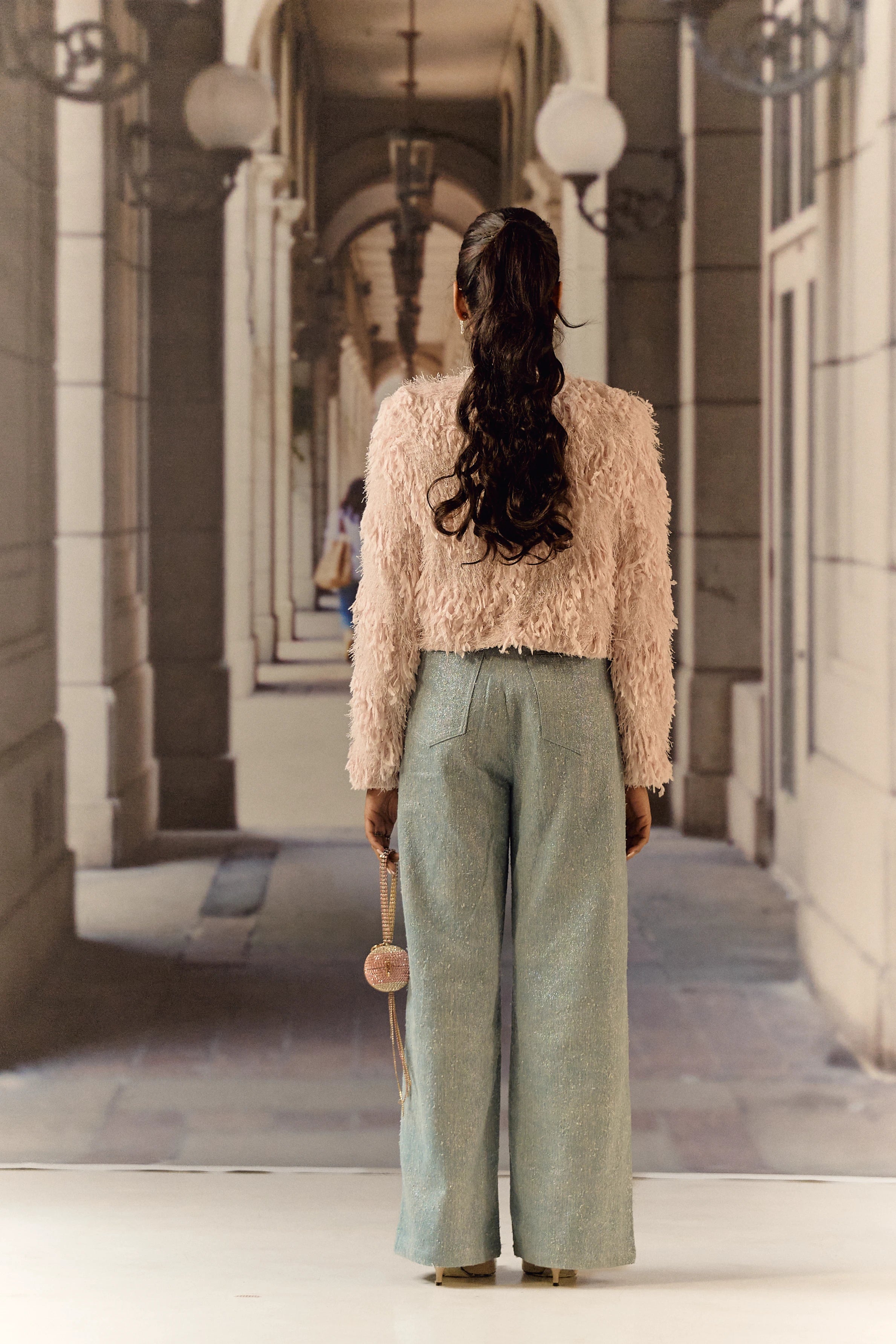 Feathered texture cropped jacket with crystal work - Pink