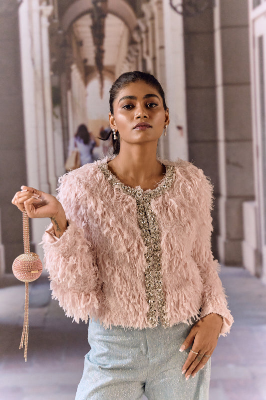 Feathered texture cropped jacket with crystal work - Pink