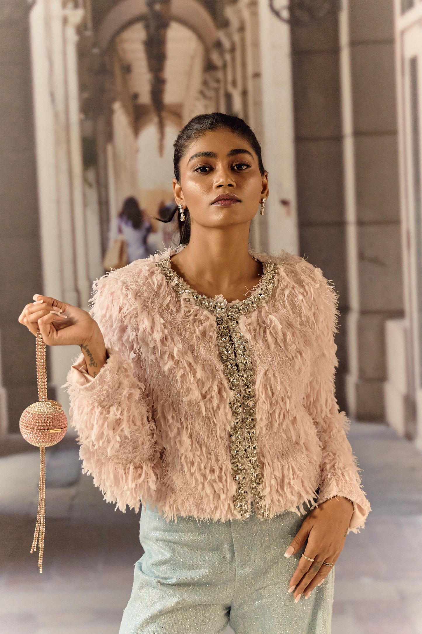 Feathered texture cropped jacket with crystal work - Pink
