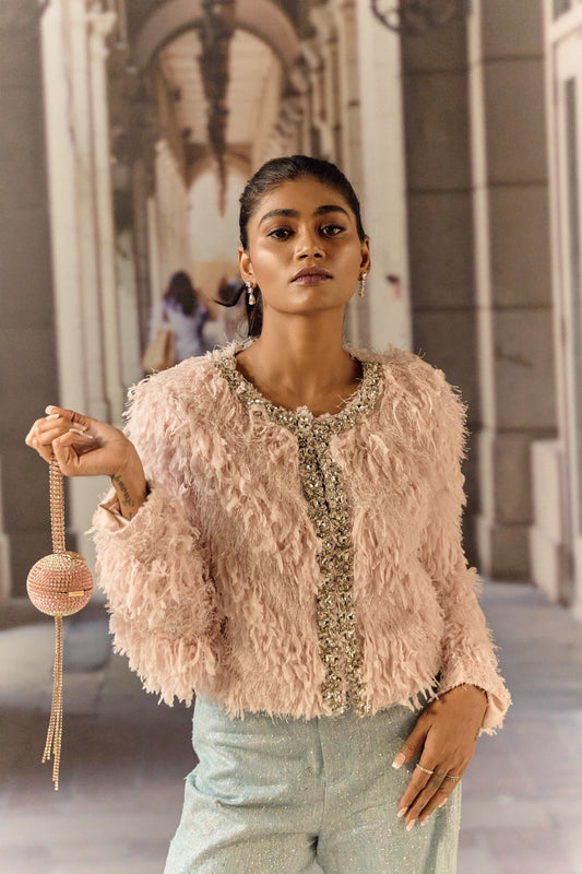 Feathered texture cropped jacket with crystal work - Pink
