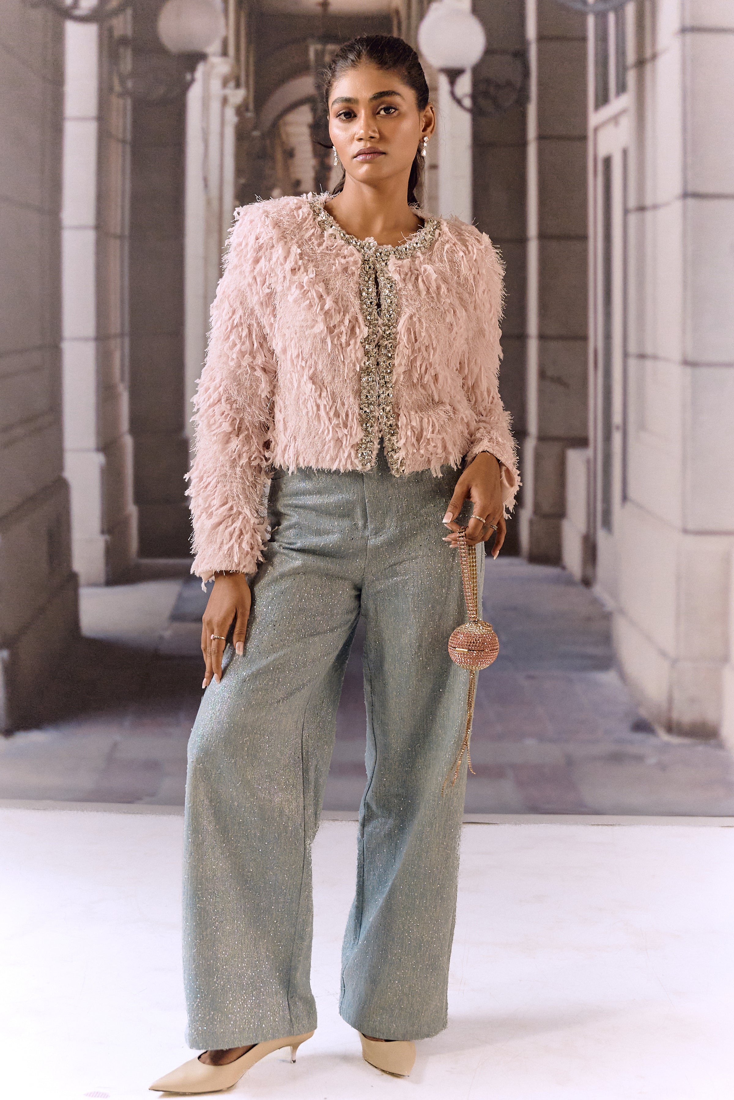 Feathered texture cropped jacket with crystal work - Pink