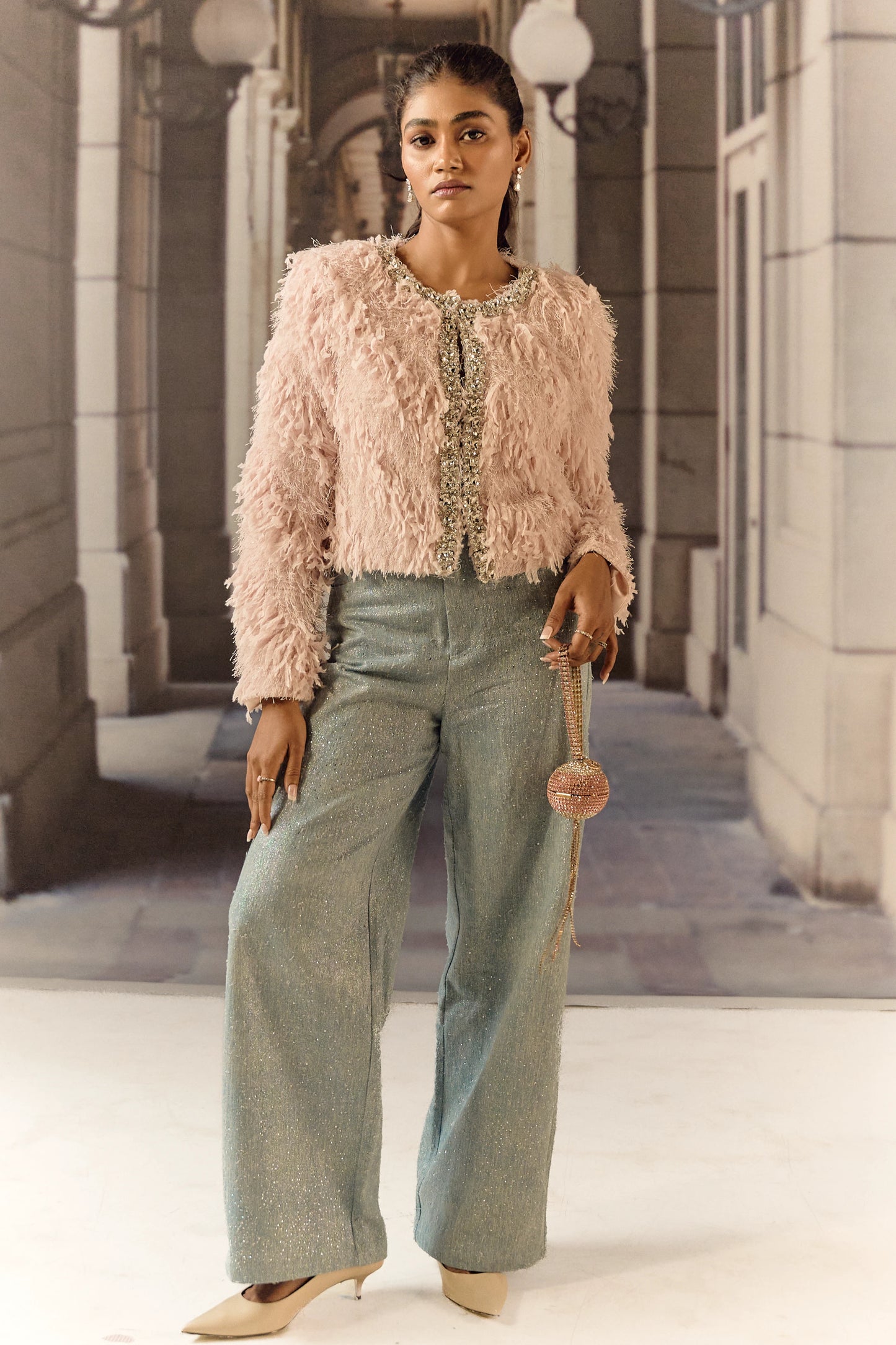Feathered texture cropped jacket with crystal work - Pink