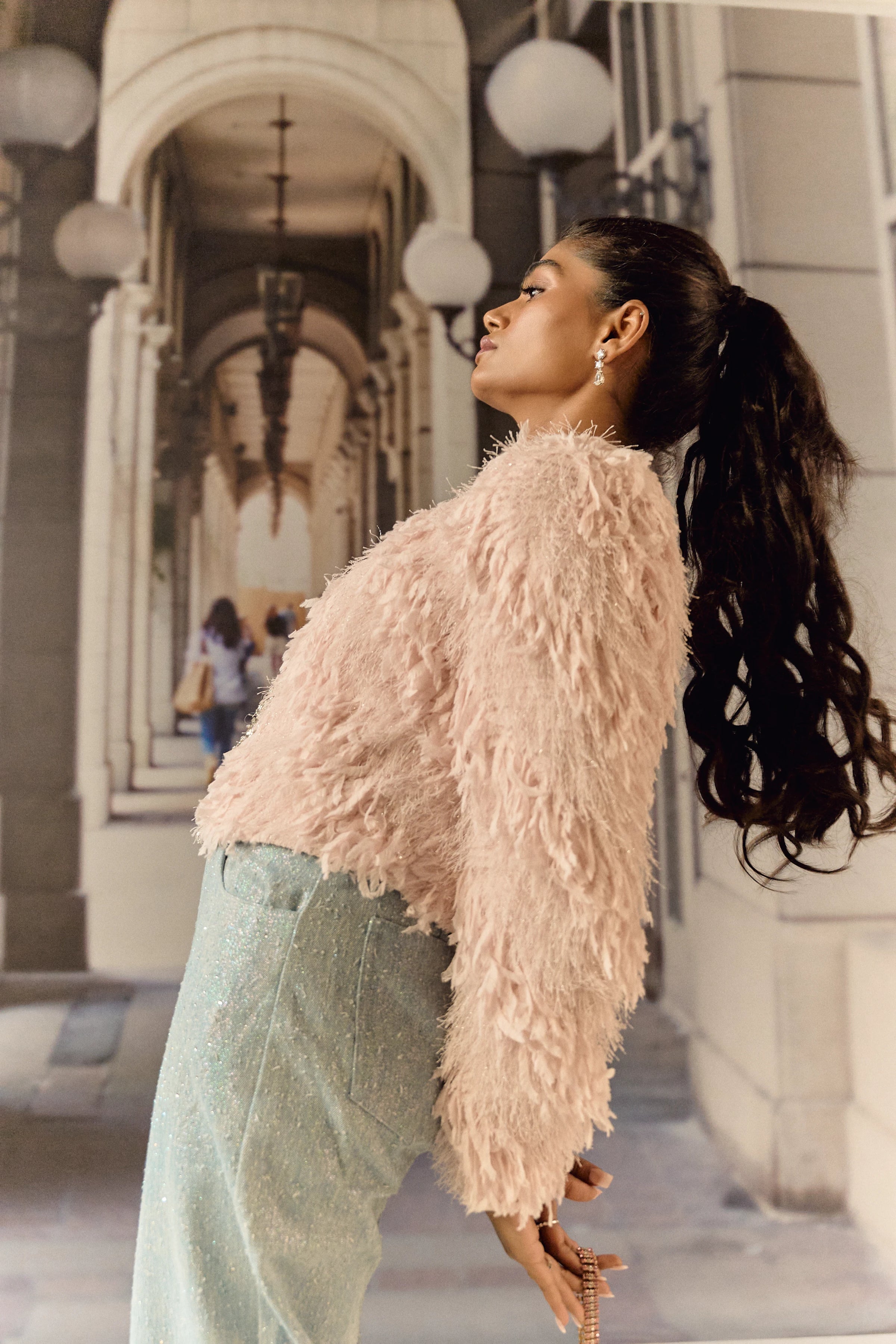 Feathered texture cropped jacket with crystal work - Pink