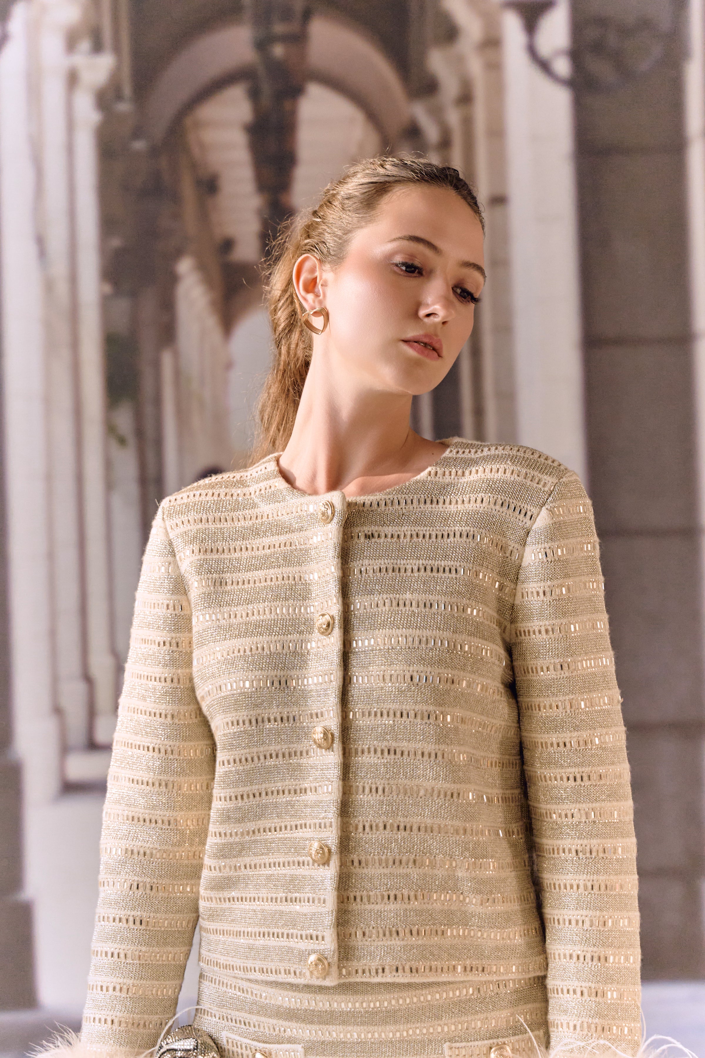 Crystal Stripe Knit Co-Ord- Gold