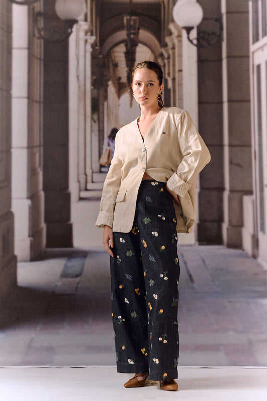 Flower embroidered dark blue barrel denim
