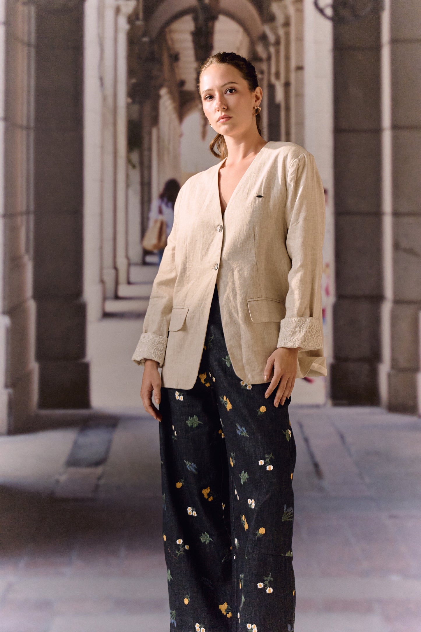 Beige Linen Blazer with Lace Trim