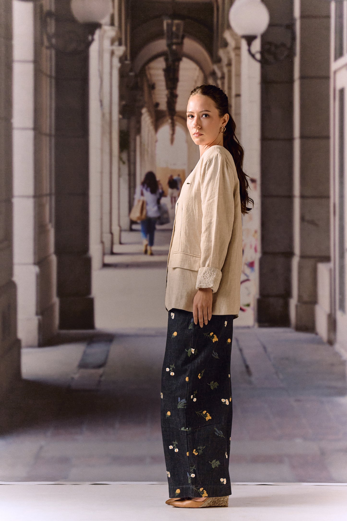 Beige Linen Blazer with Lace Trim