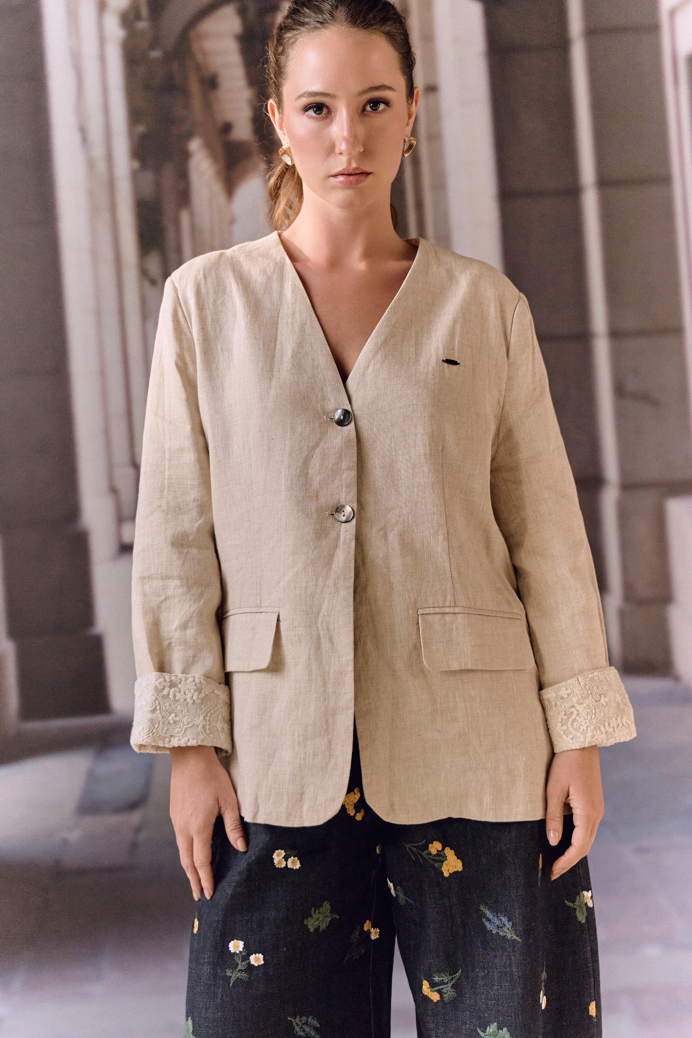 Beige Linen Blazer with Lace Trim