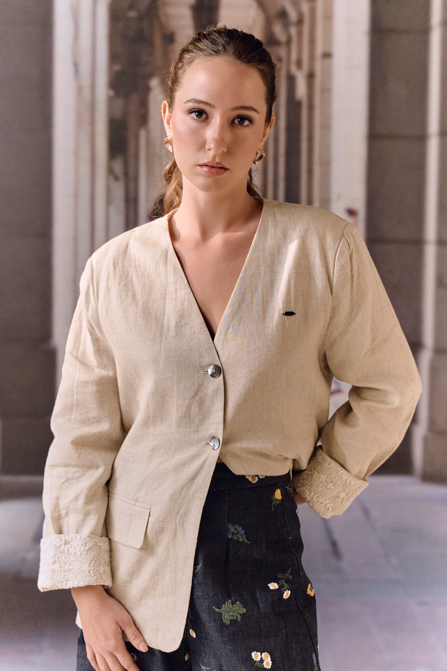 Beige Linen Blazer with Lace Trim
