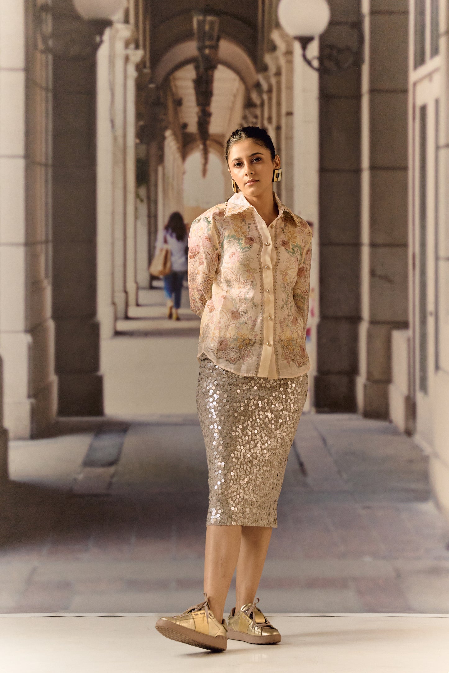 Printed Sequin Lycra Nude Midi