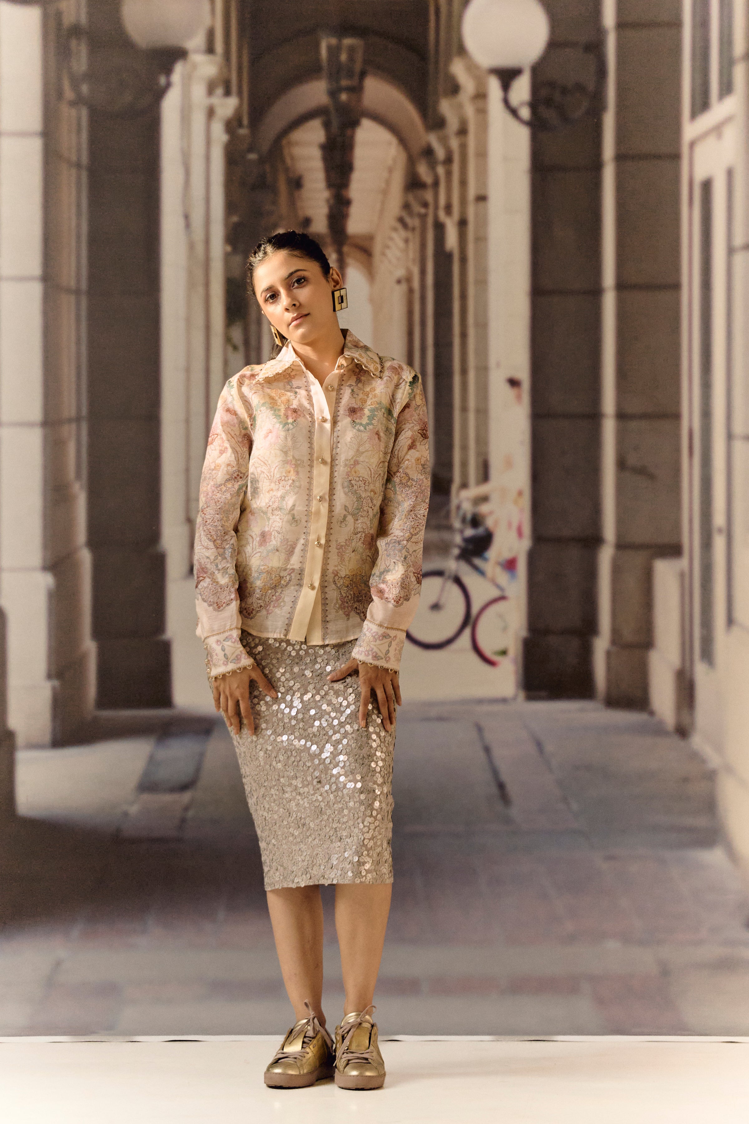 Printed Sequin Lycra Nude Midi