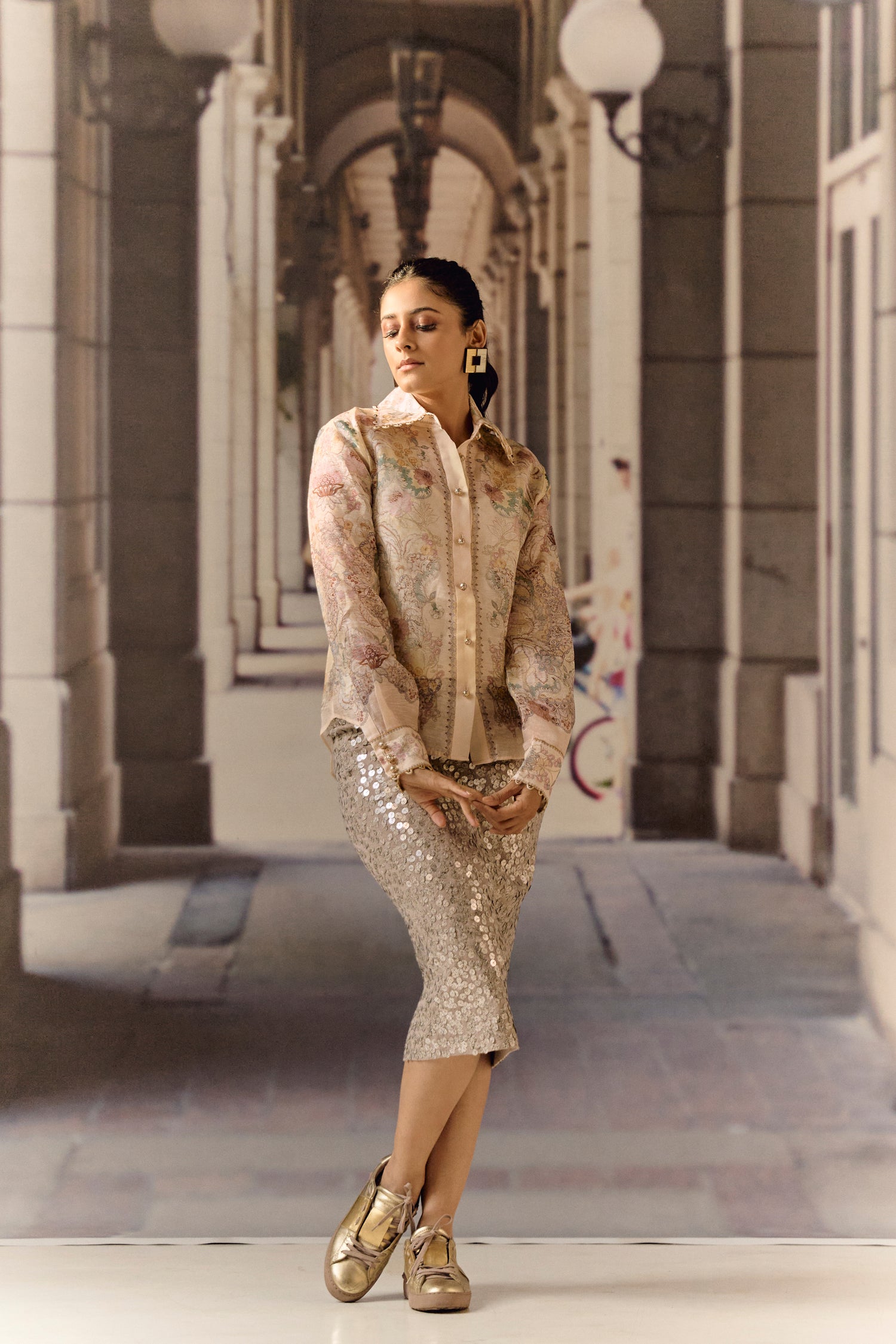 Printed Sequin Lycra Nude Midi