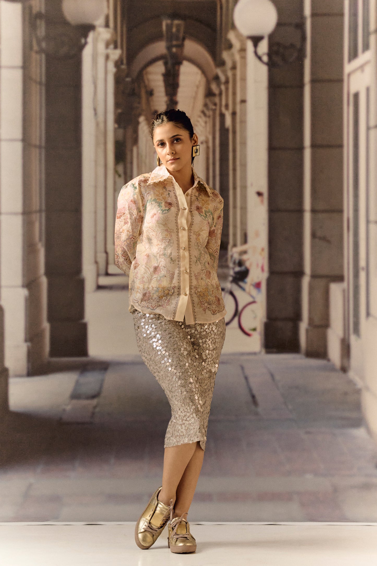 Printed Sequin Lycra Nude Midi