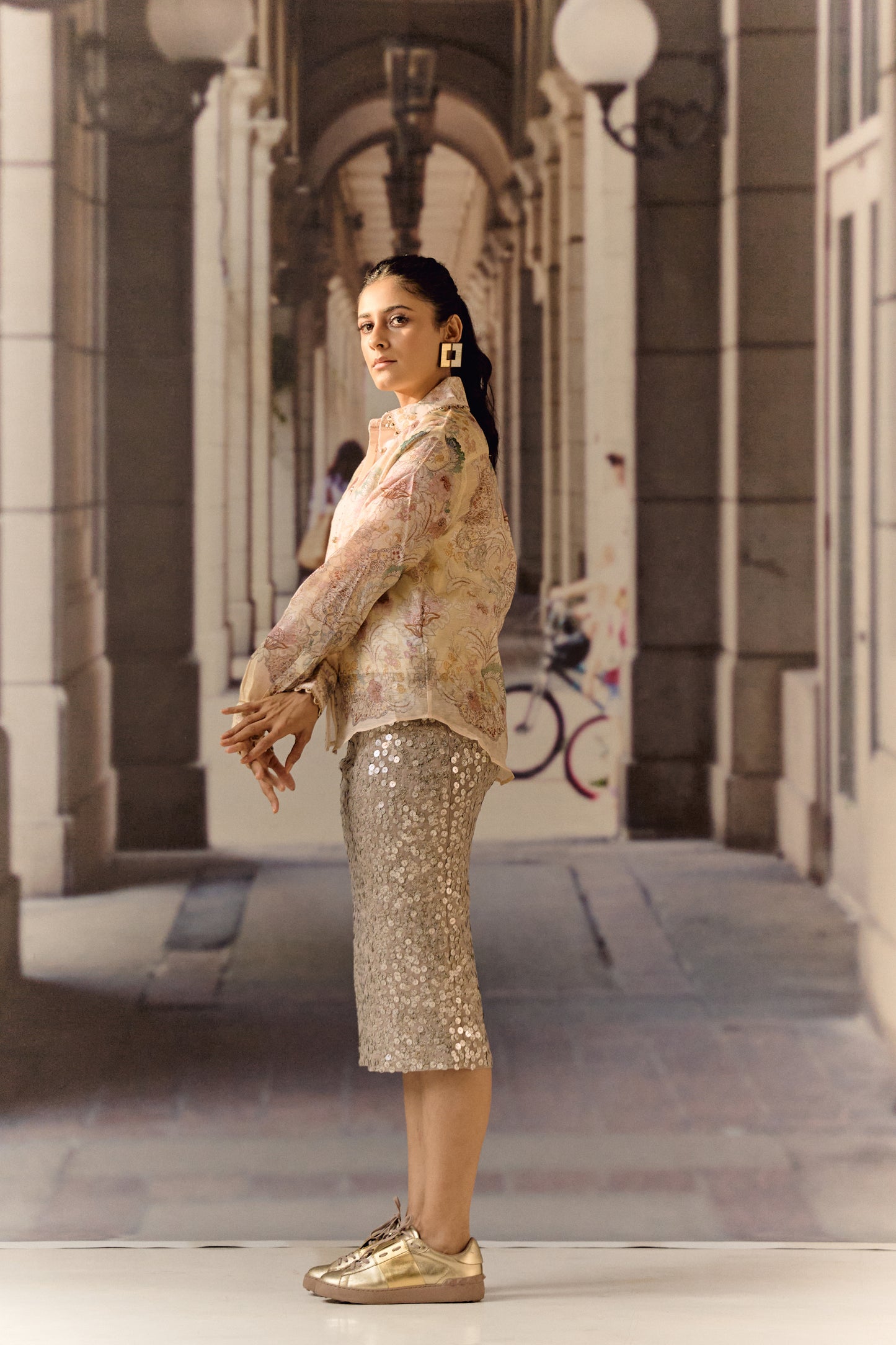 Printed Sequin Lycra Nude Midi
