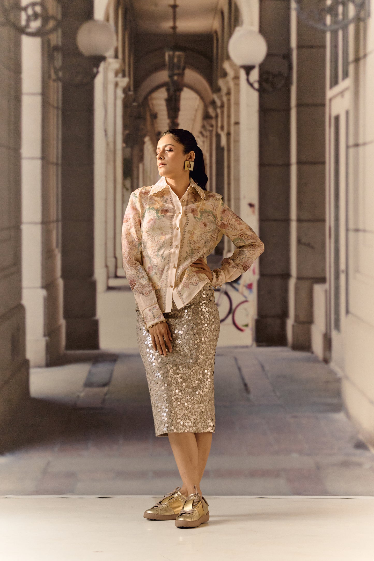 Printed Sequin Lycra Nude Midi