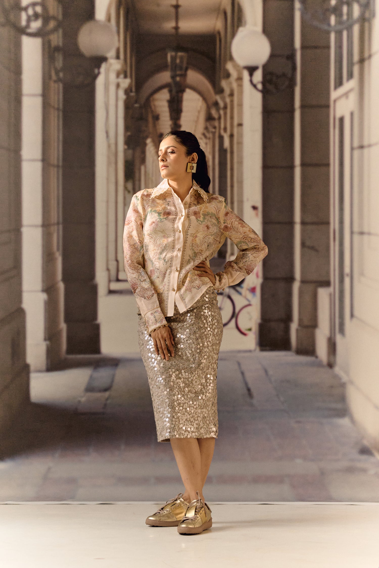 Printed Sequin Lycra Nude Midi