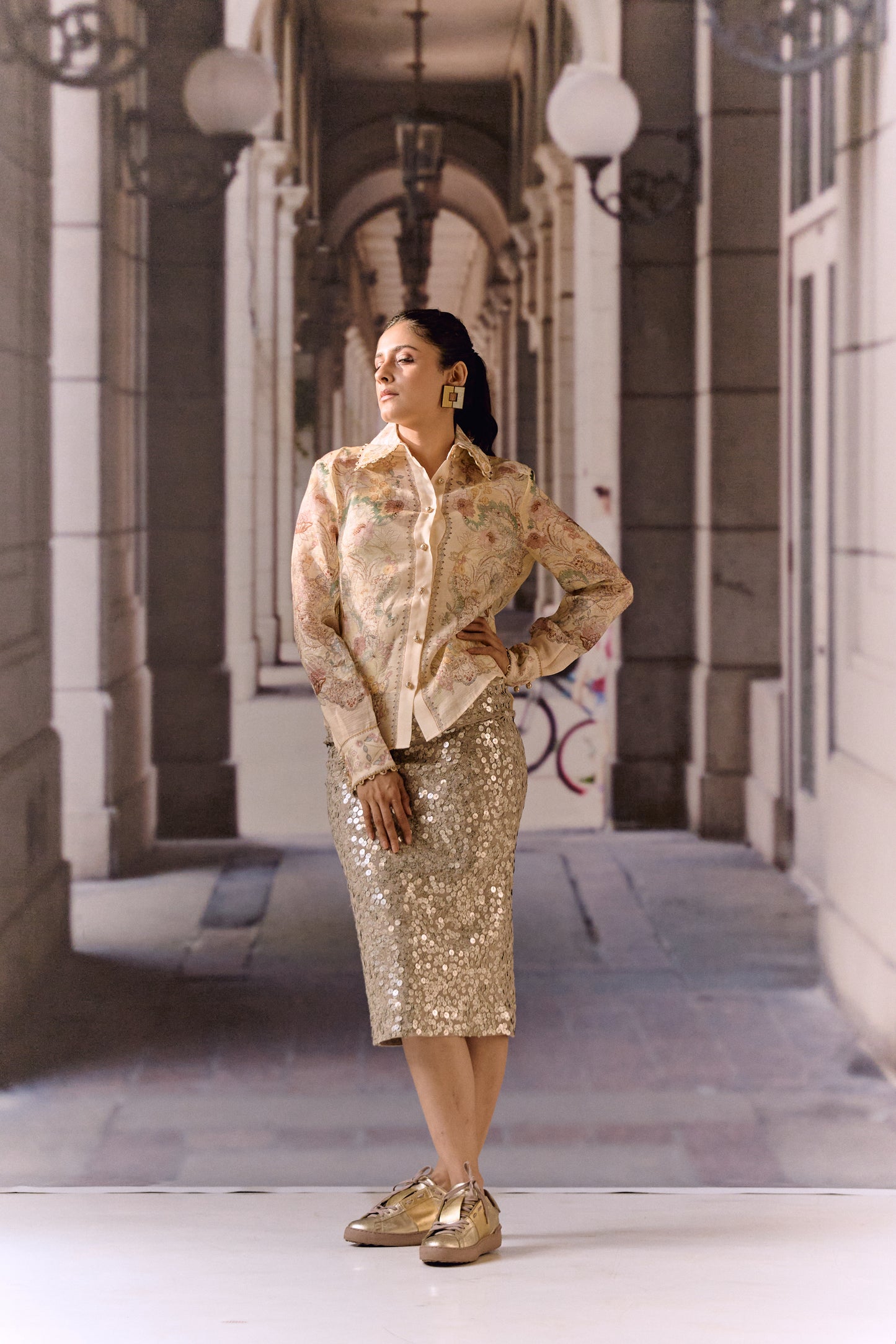 Printed Sequin Lycra Nude Midi Skirt