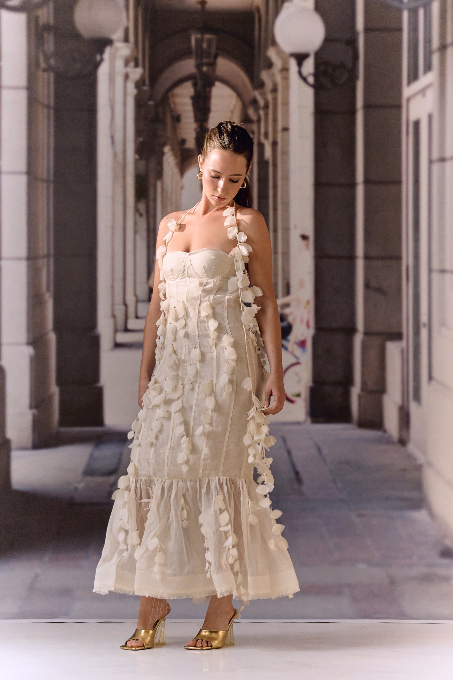 Ecru corset Silk Linen midi with 3D work