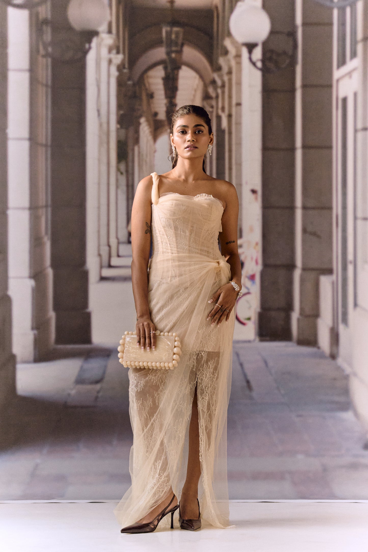 One-Shoulder Corset Gown- Apricot