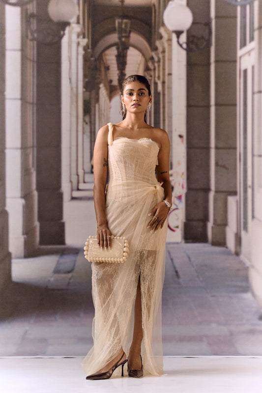 One shoulder corset netted dress with lace - Apricot