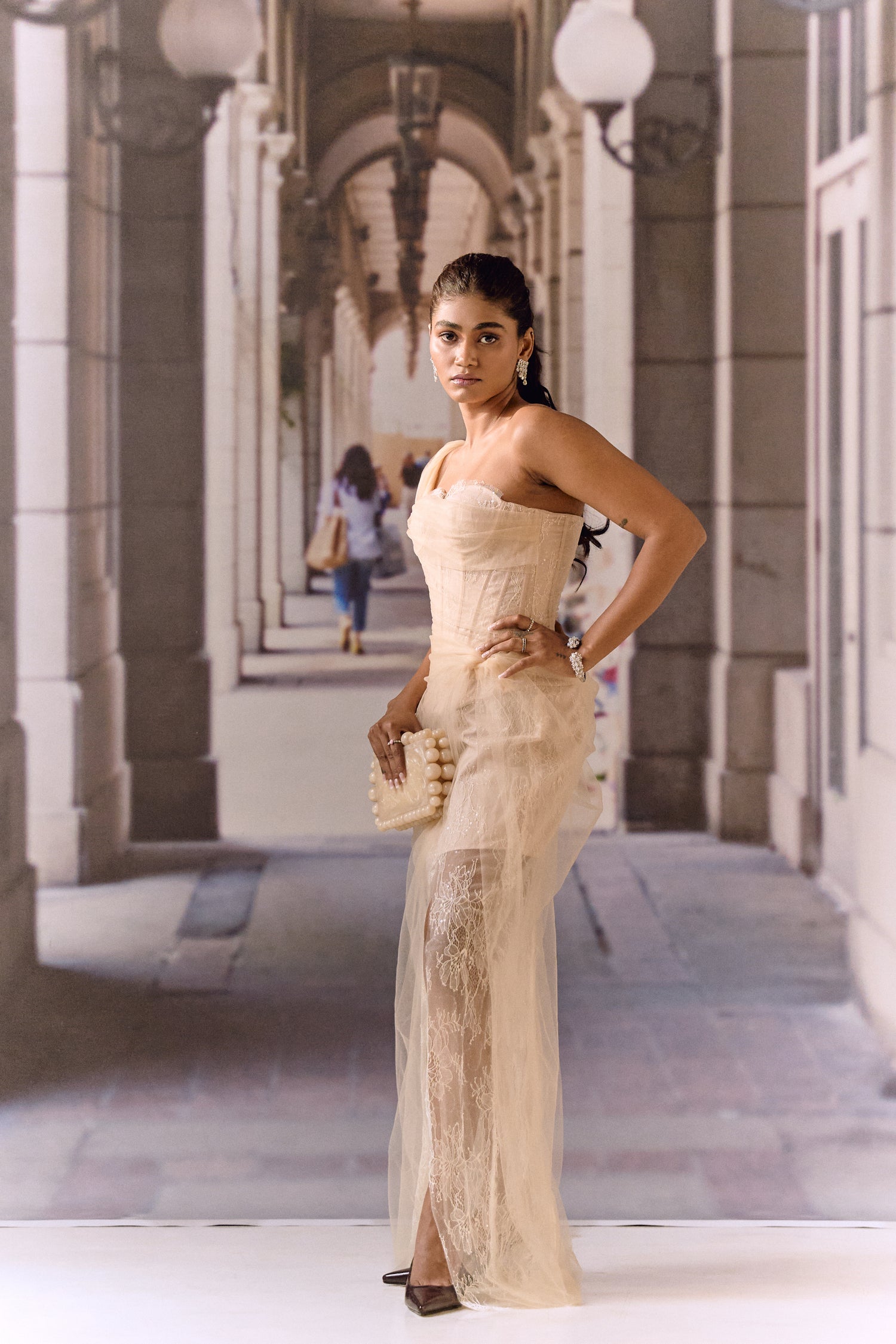 One-Shoulder Corset Gown- Apricot
