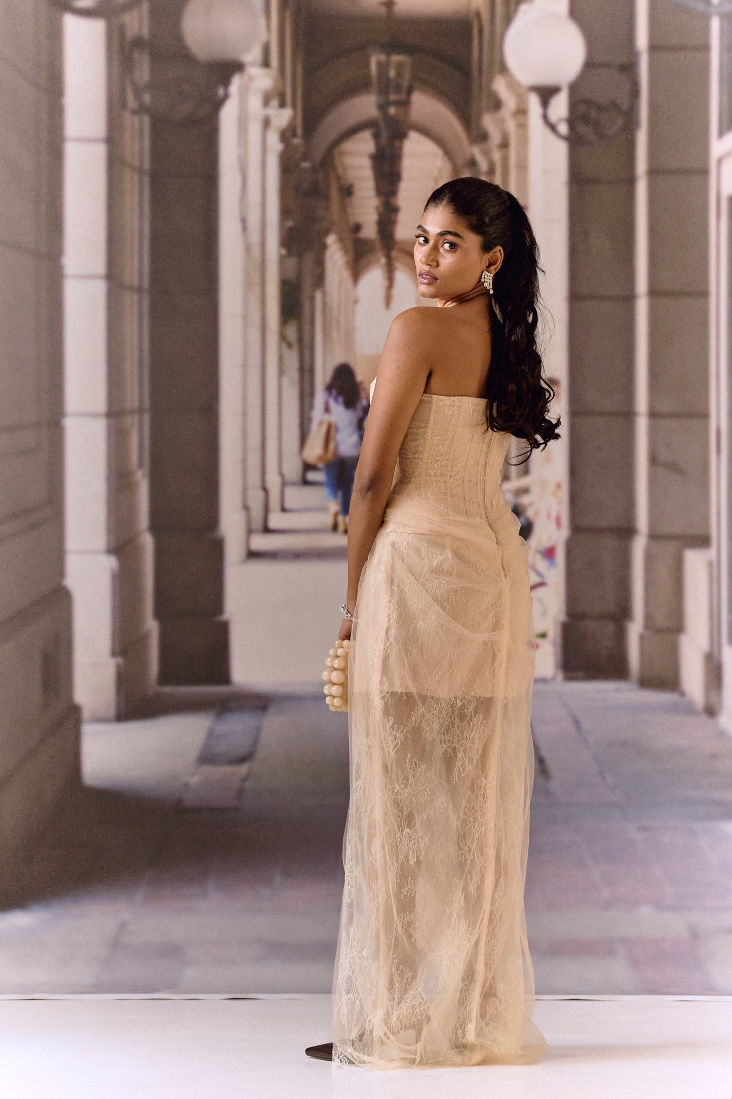 One-Shoulder Corset Gown- Apricot