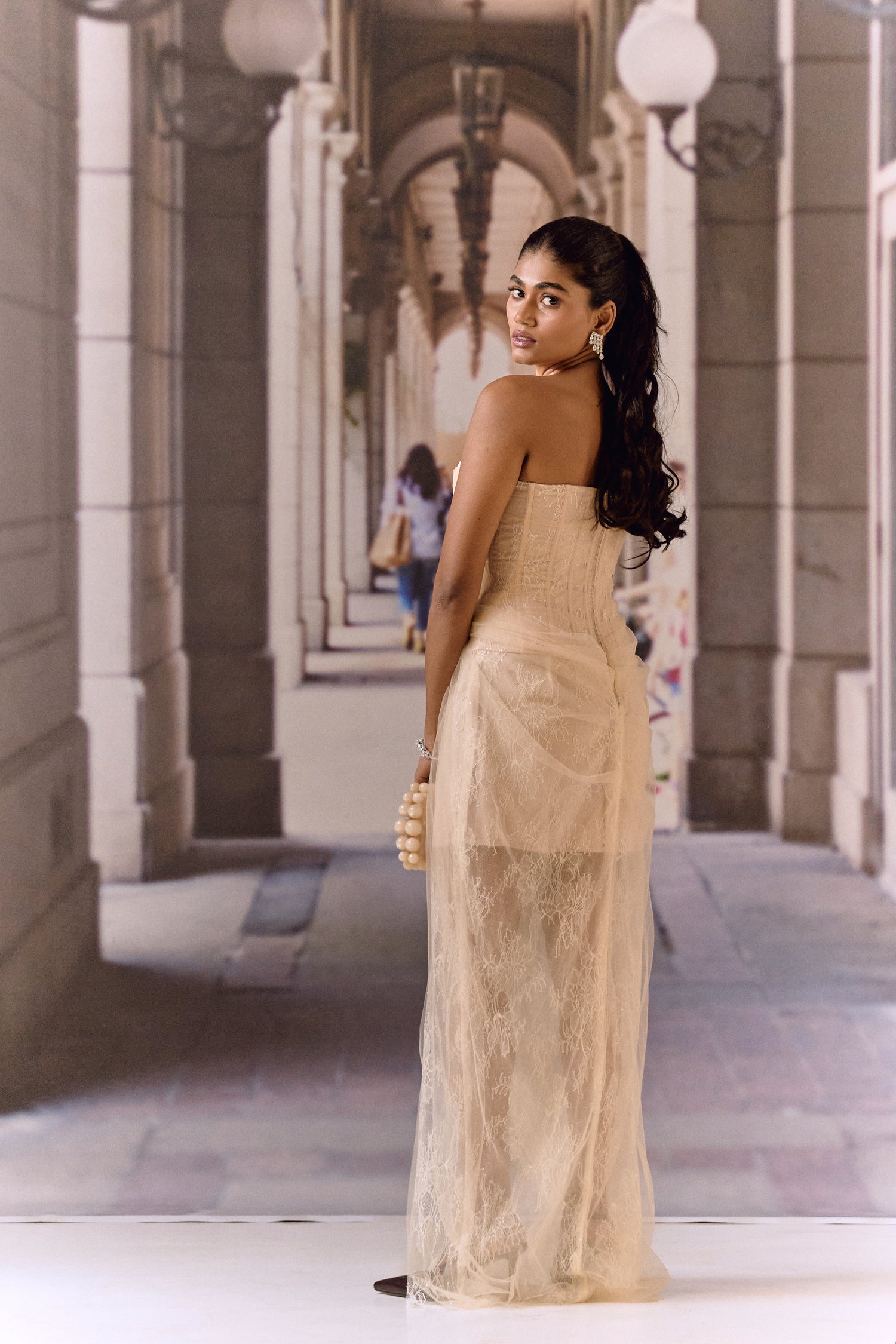 One-Shoulder Corset Gown- Apricot