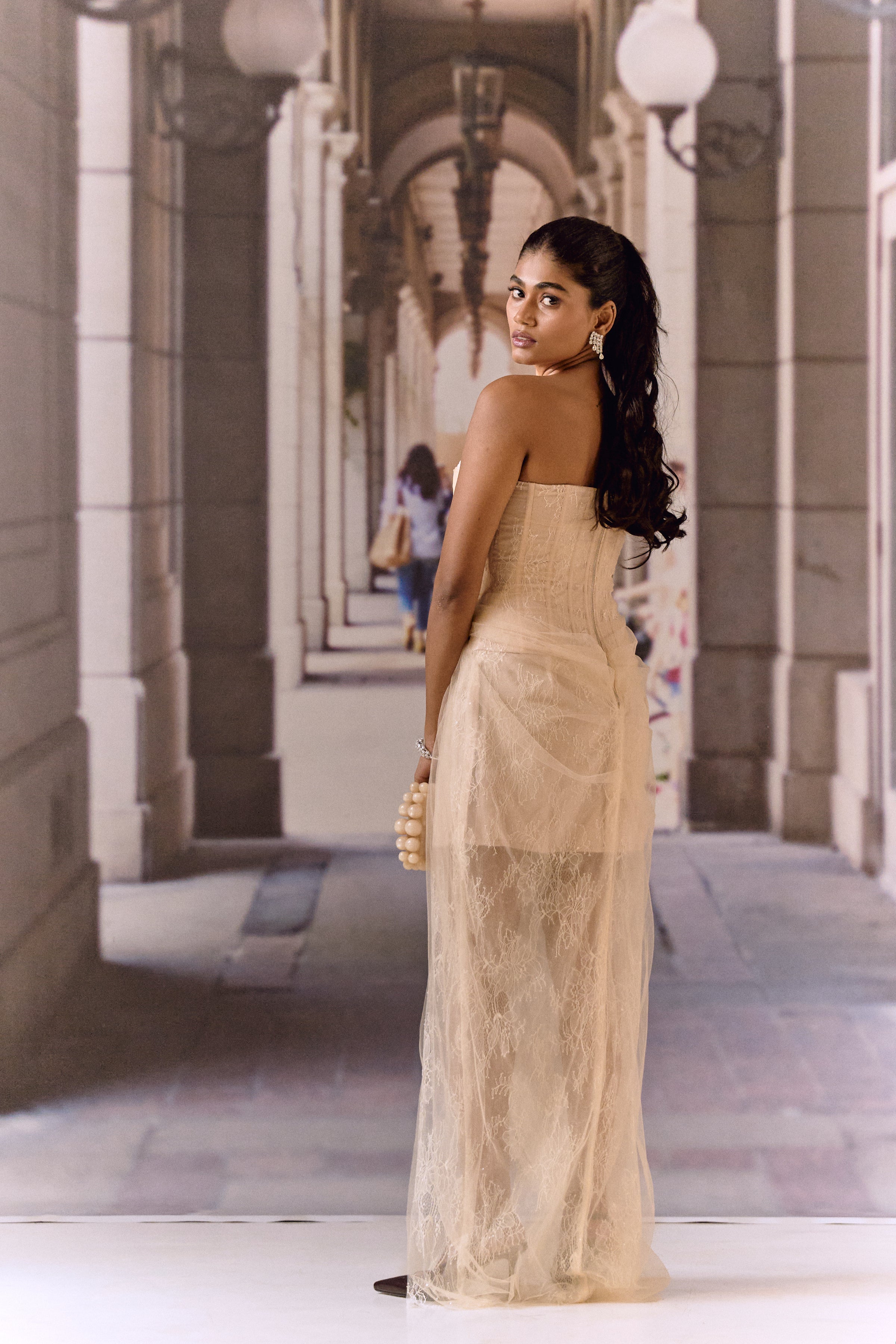 One-Shoulder Corset Gown- Apricot