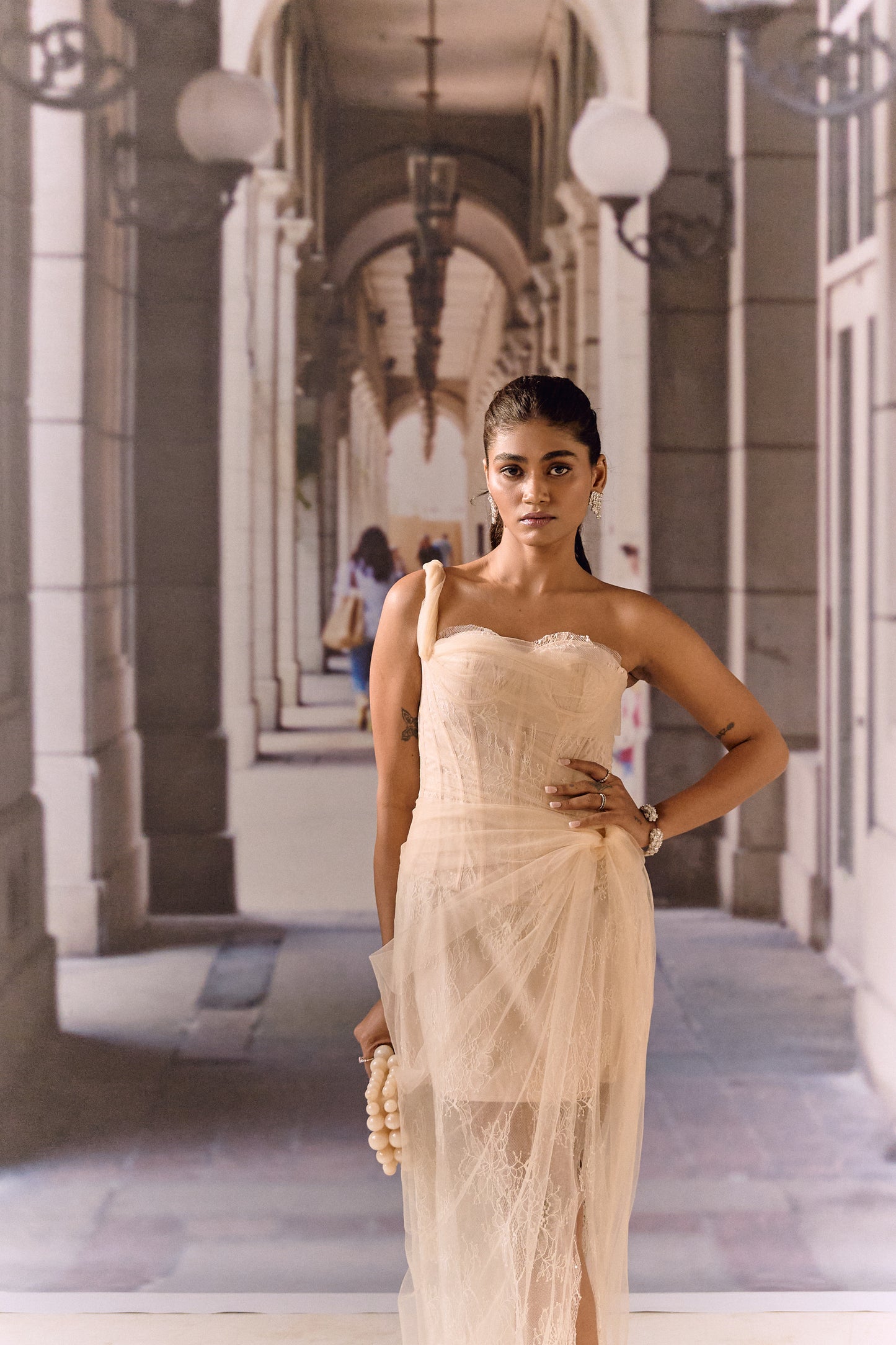 One-Shoulder Corset Gown- Apricot