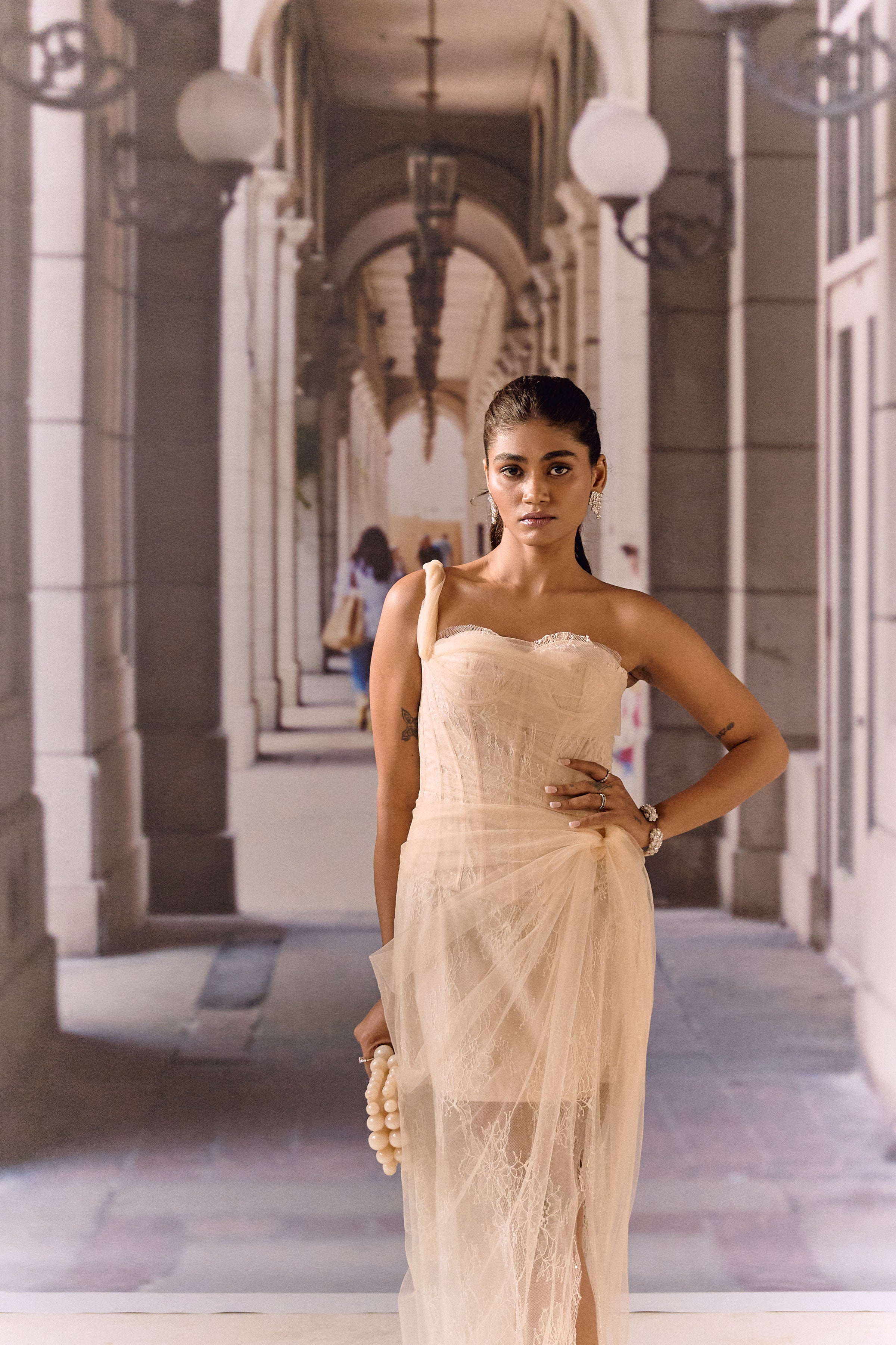One-Shoulder Corset Gown- Apricot