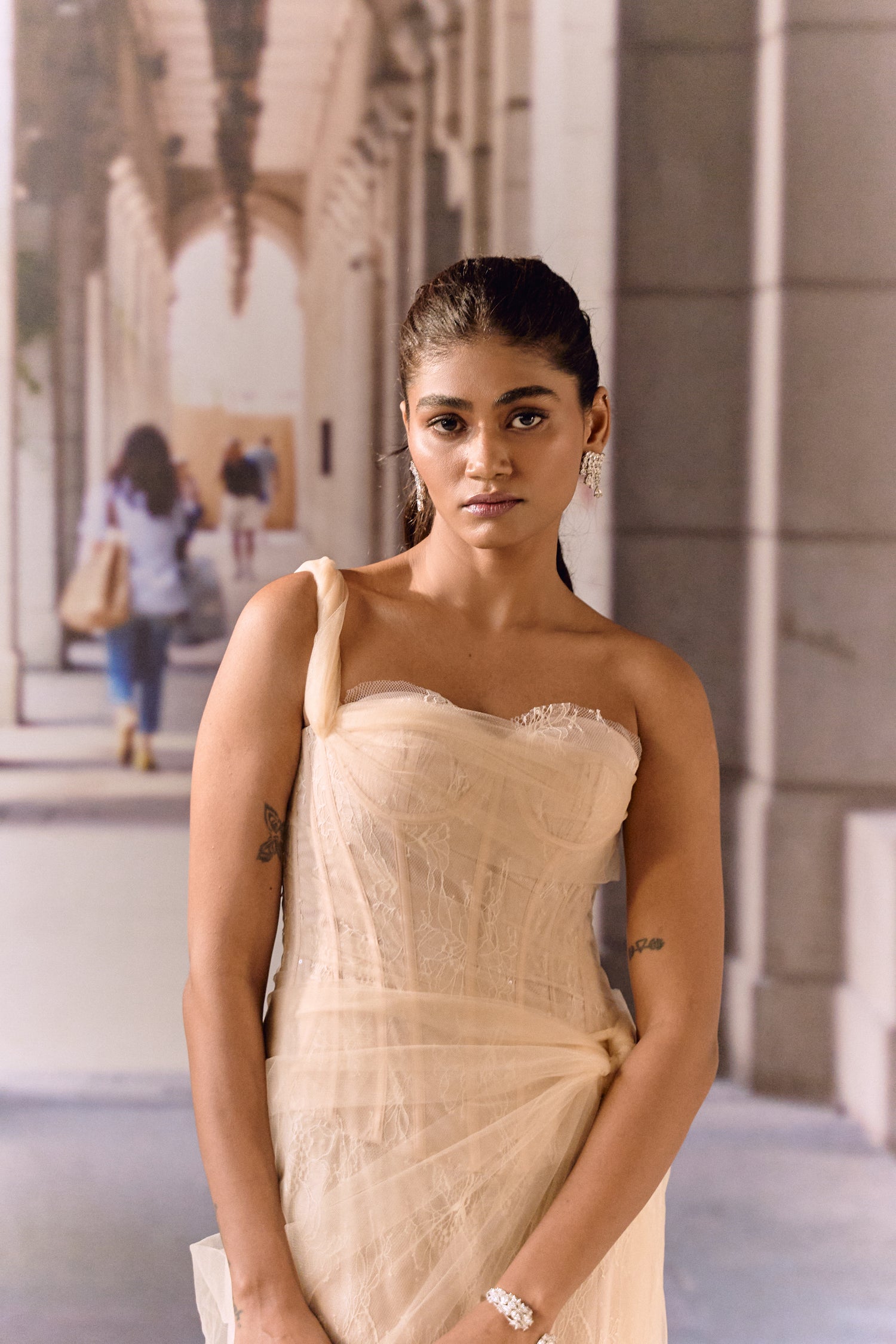 One-Shoulder Corset Gown- Apricot