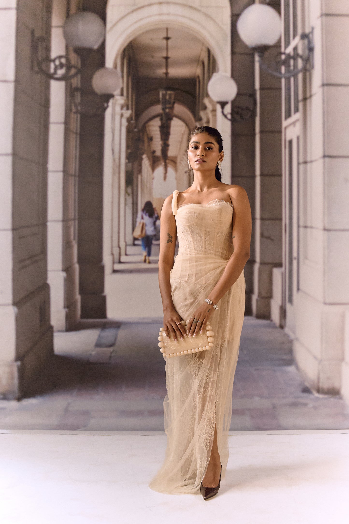 One-Shoulder Corset Gown- Apricot