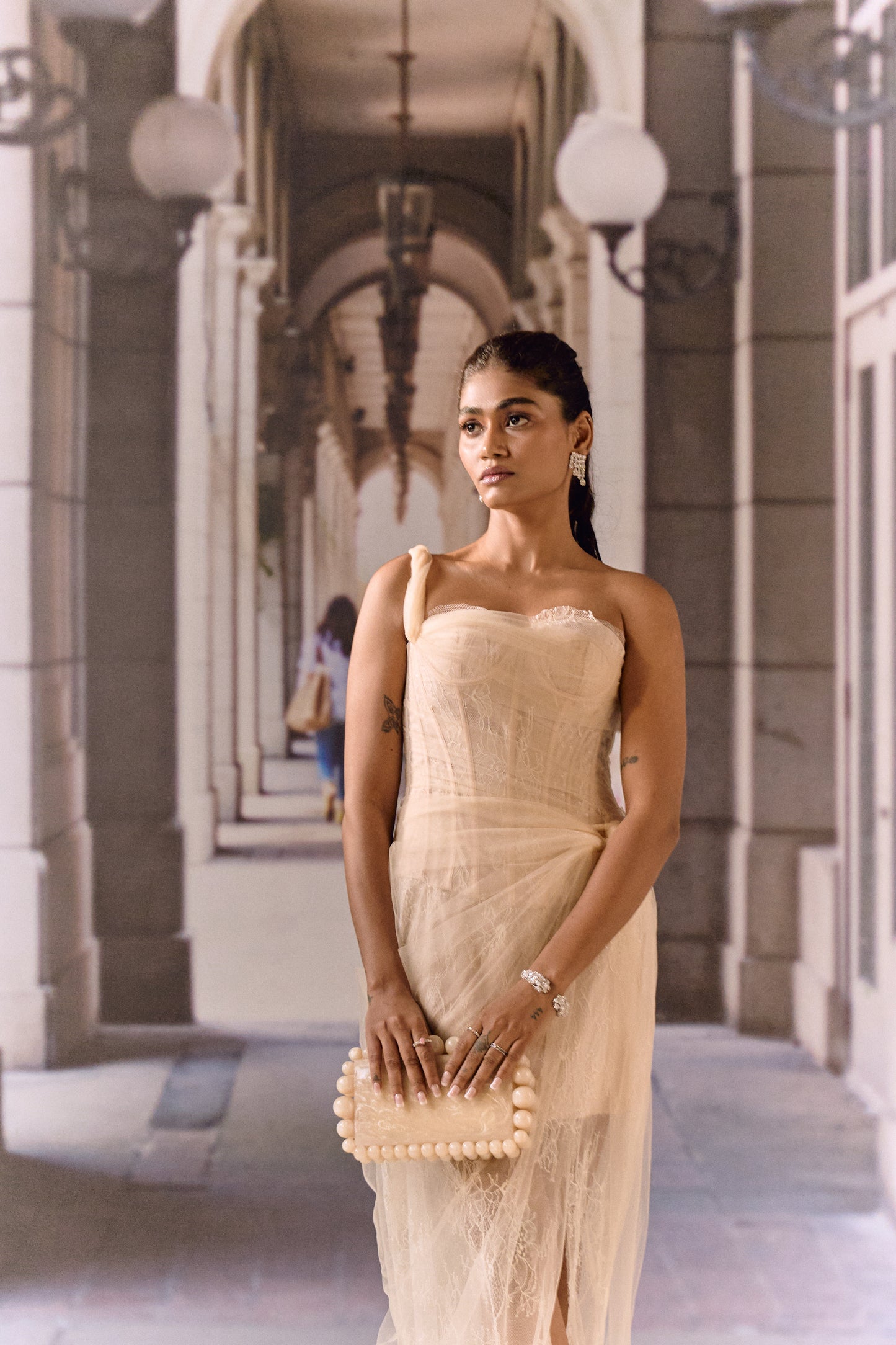One-Shoulder Corset Gown- Apricot