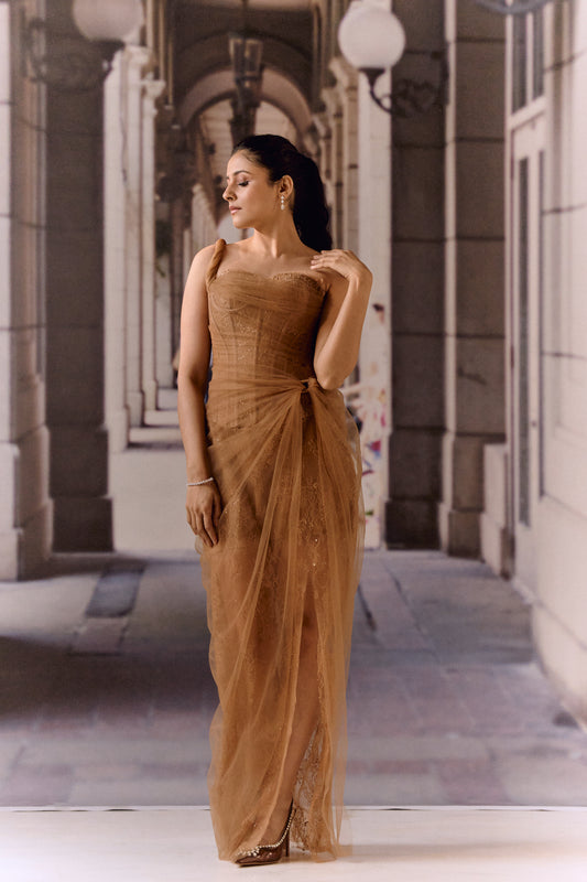 One shoulder corset netted dress with lace - Brown