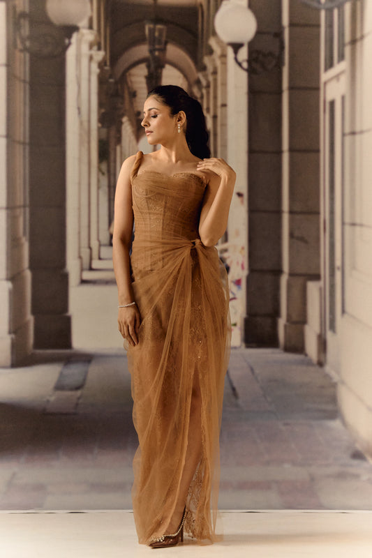 One shoulder corset netted dress with lace - Brown