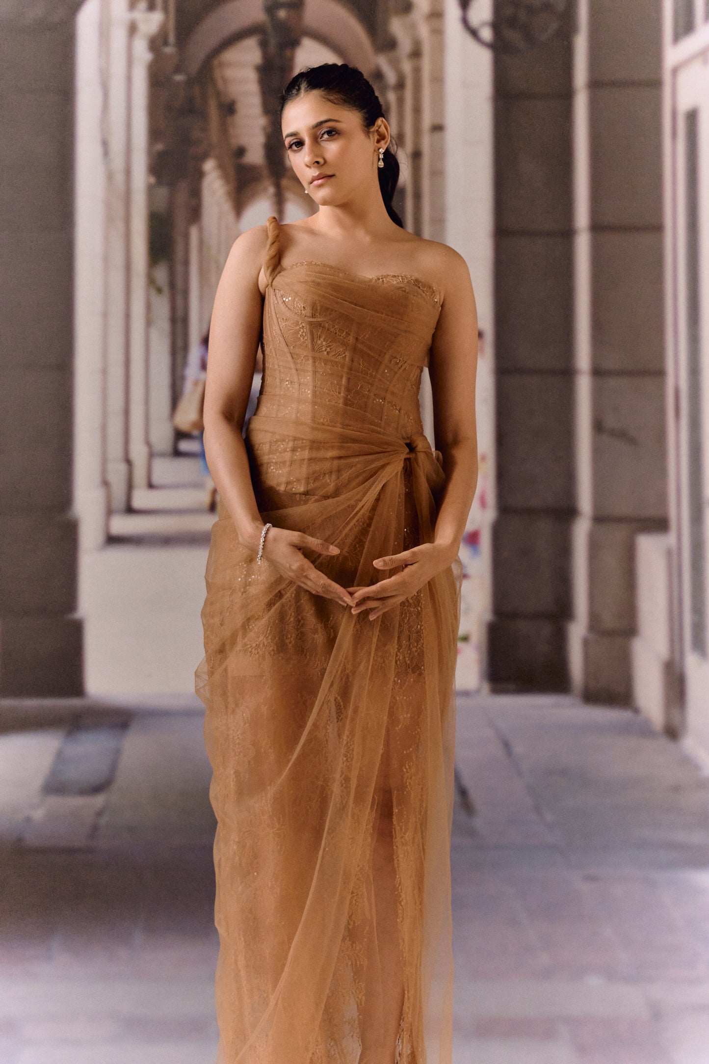 One shoulder corset netted dress with lace - Brown
