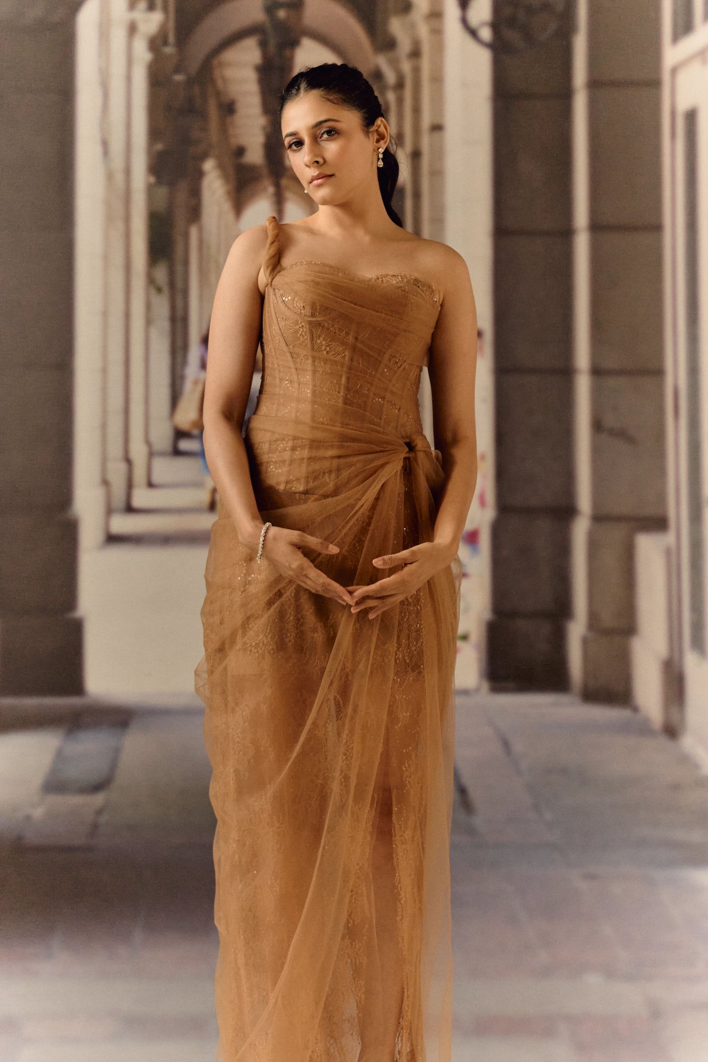 One shoulder corset netted dress with lace - Brown
