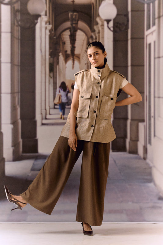 Twill linen oversized vest - Beige