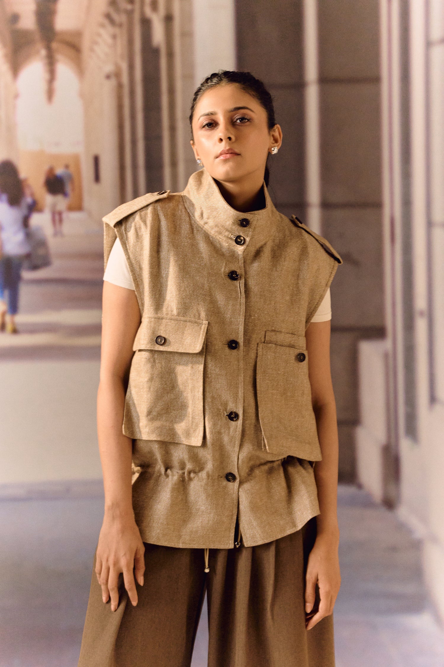 Twill linen oversized vest - Beige