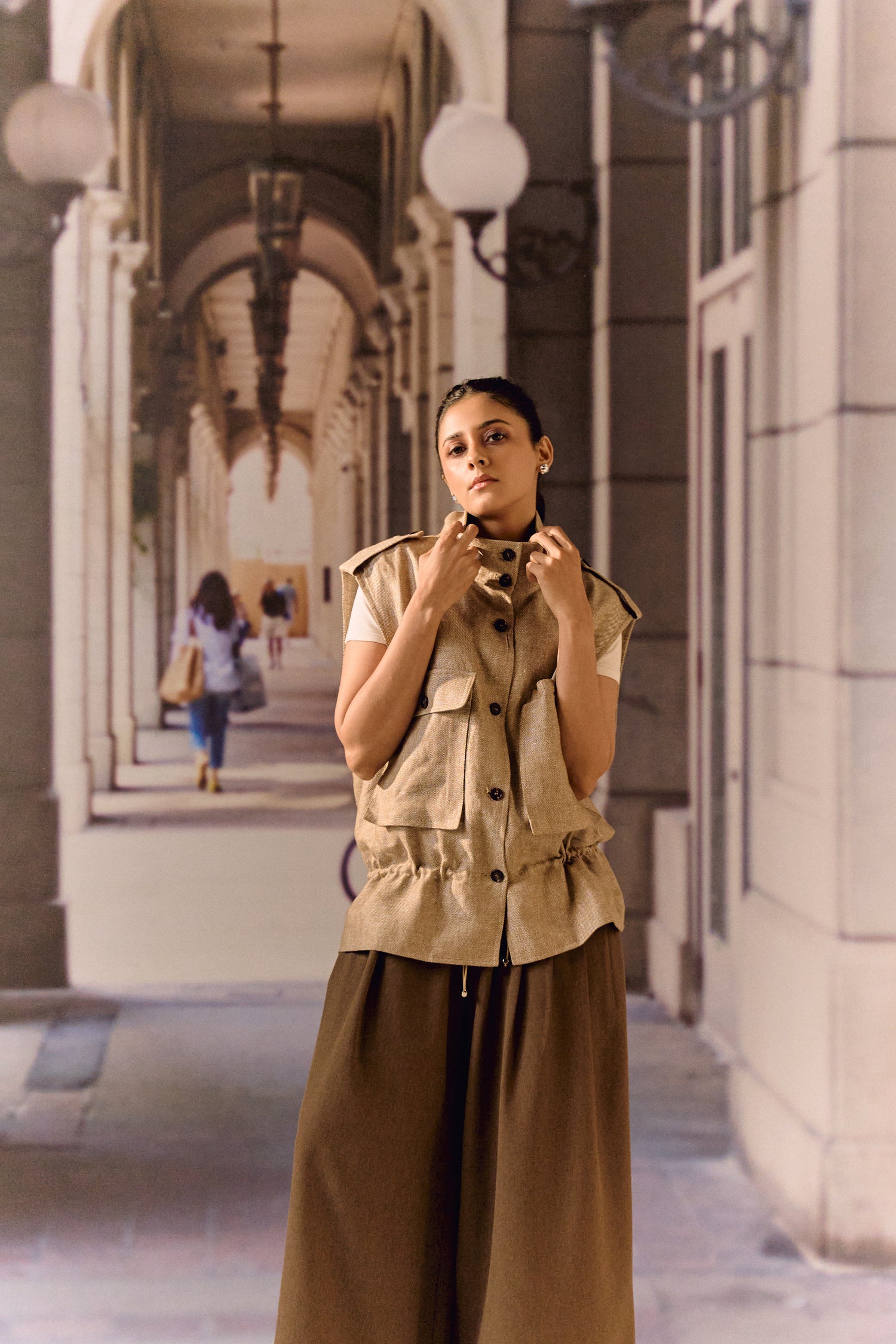 Twill linen oversized vest - Beige
