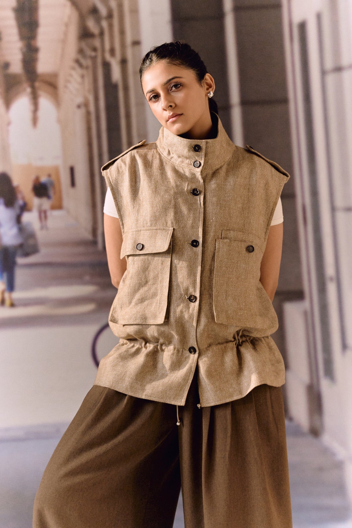 Twill linen oversized vest - Beige