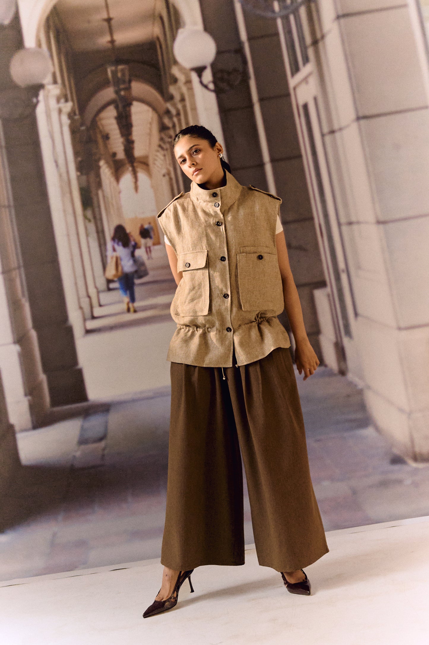 Twill linen oversized vest - Beige